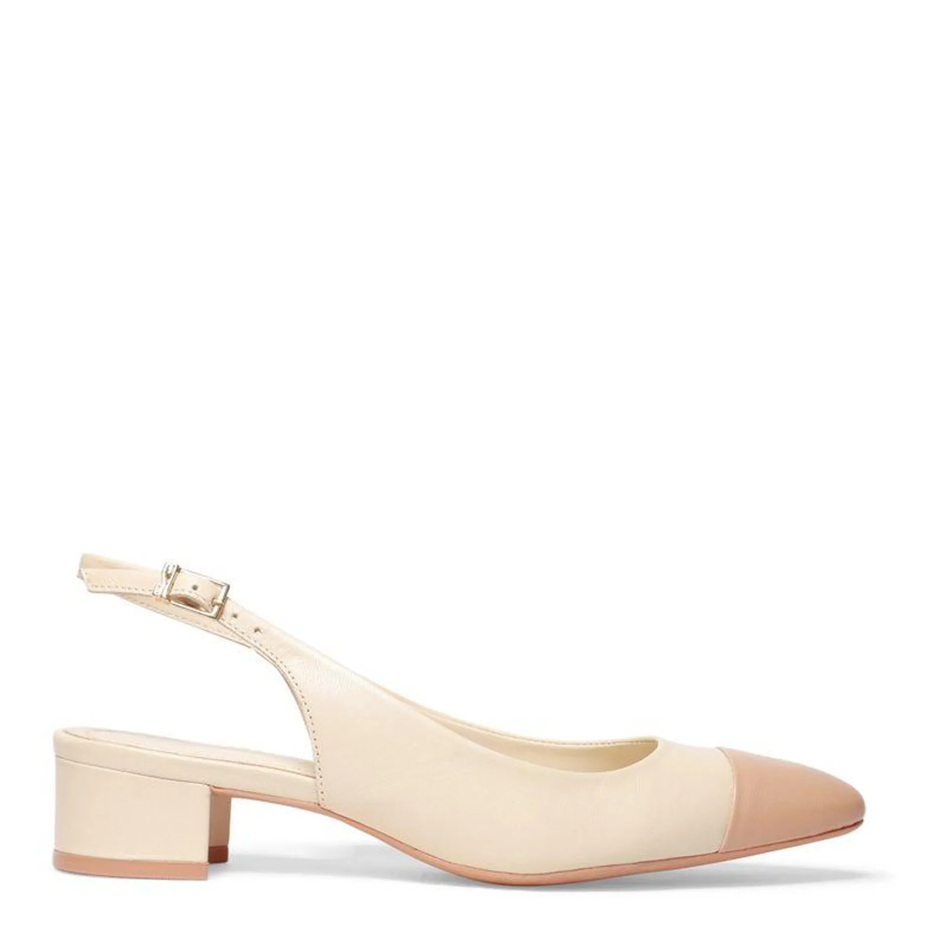 Sapato Scarpin Bege Couro Cap Toe Slingback