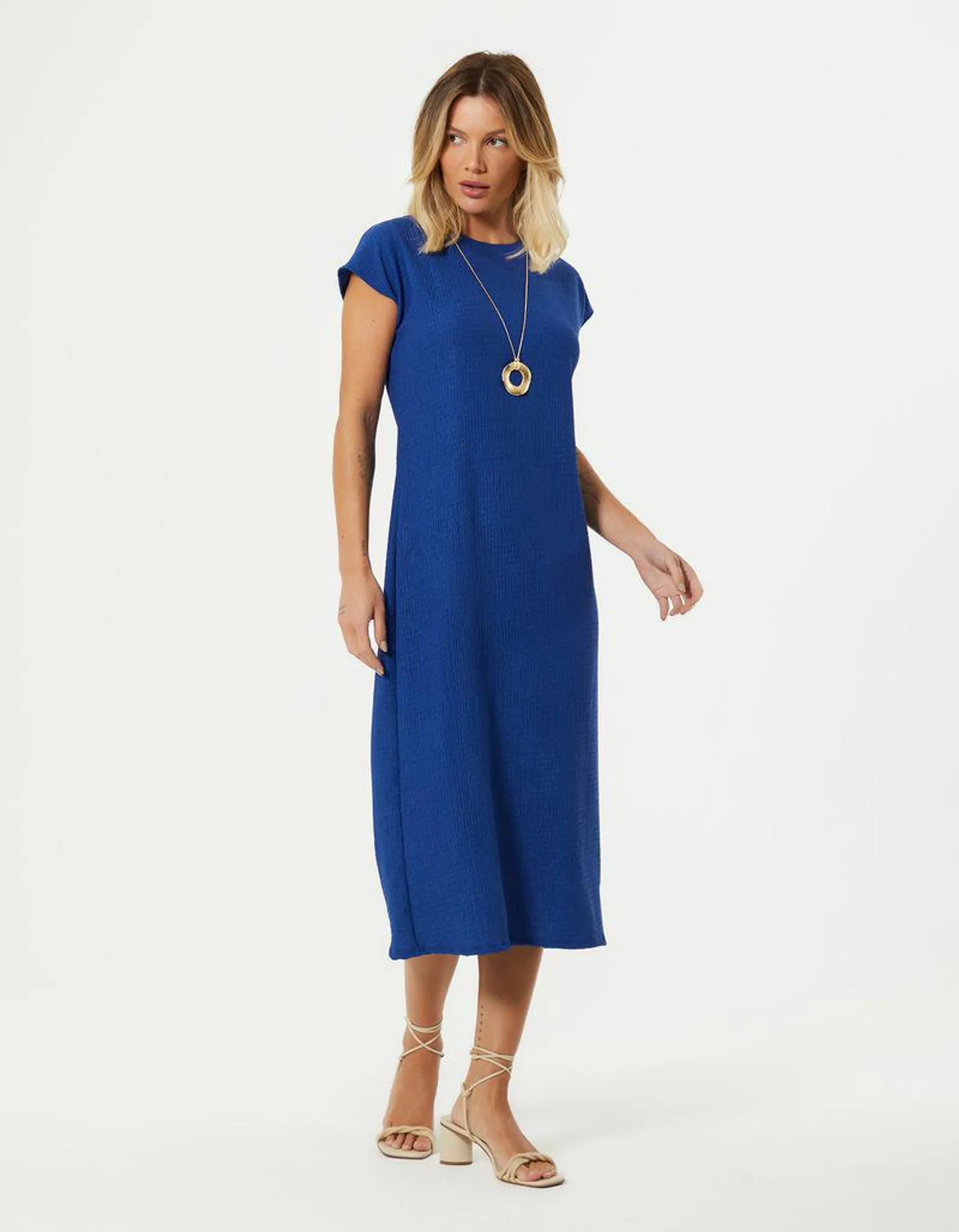 Vestido Midi Malha Texturada - Azul Bic
