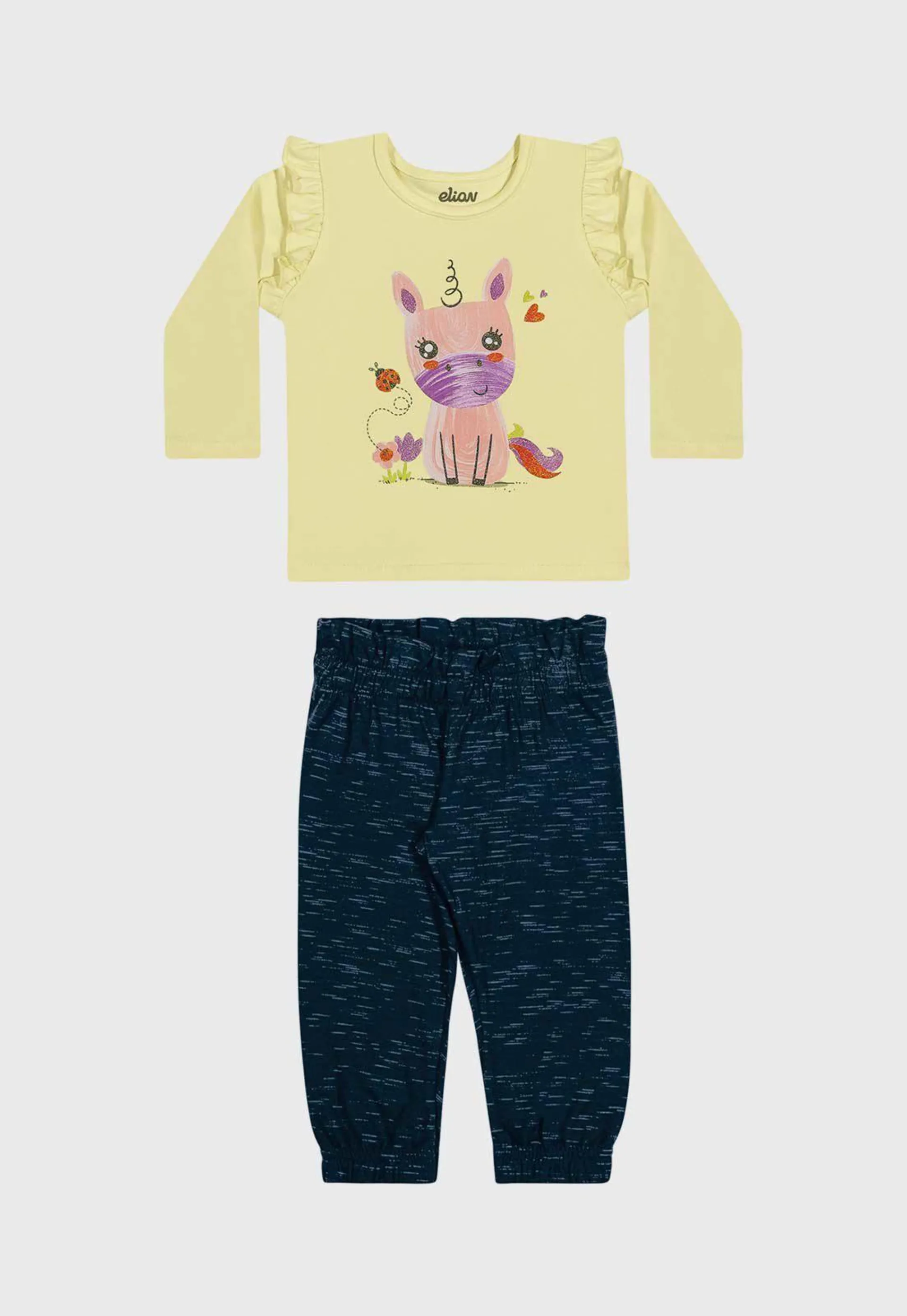 Conjunto 2pçs Manga Longa Infantil Elian Unicórnio Amarelo/Azul-Marinho
