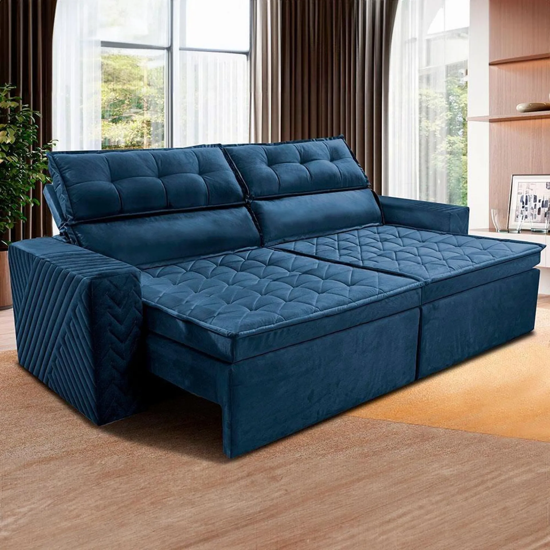 Sofá 4 Lugares Cama inBox Belém Retrátil e Reclinável Revestido em Suede Velusoft - 230cm de largura - Azul