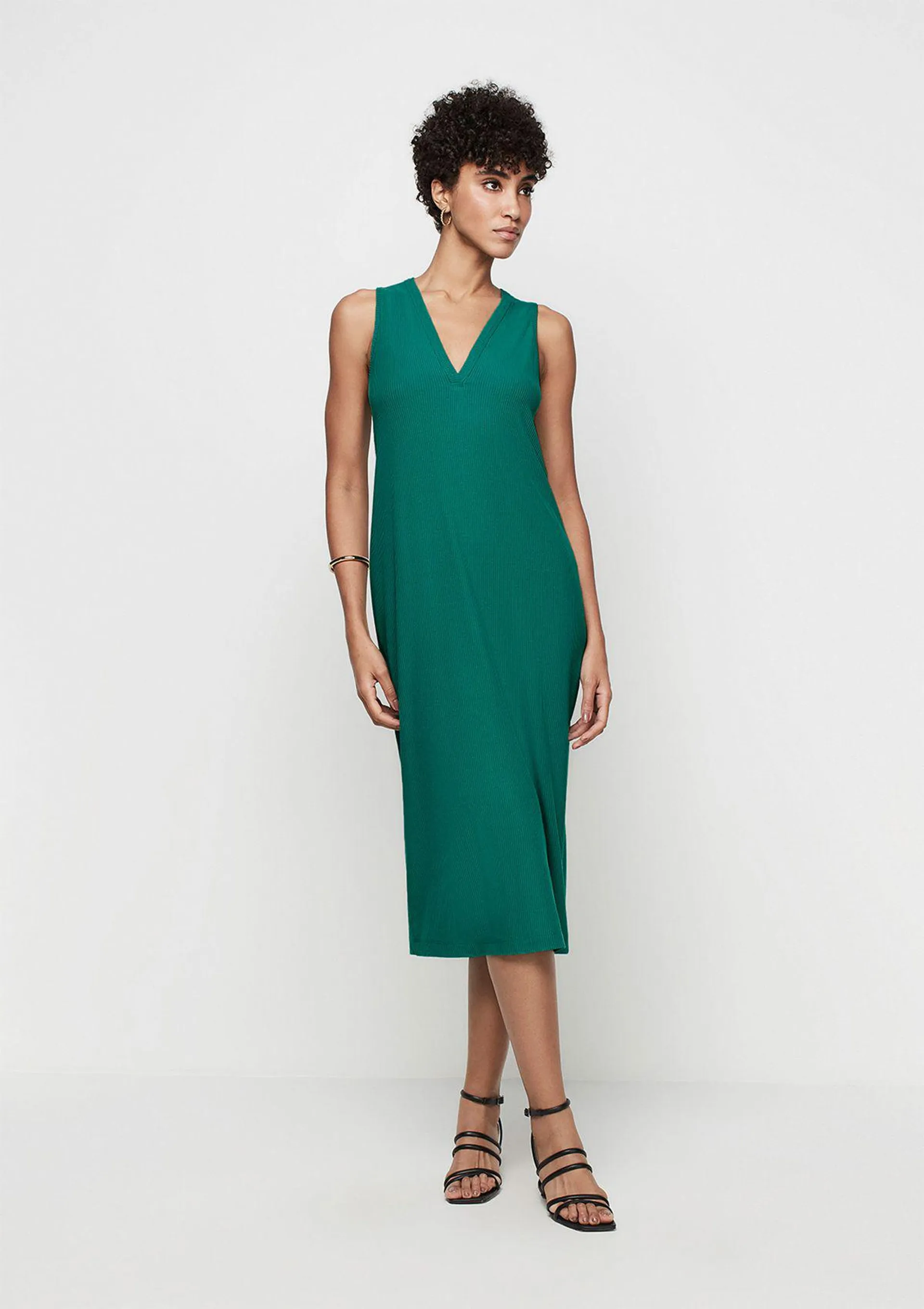 Vestido Midi Reto Decote V Com Fenda - Verde