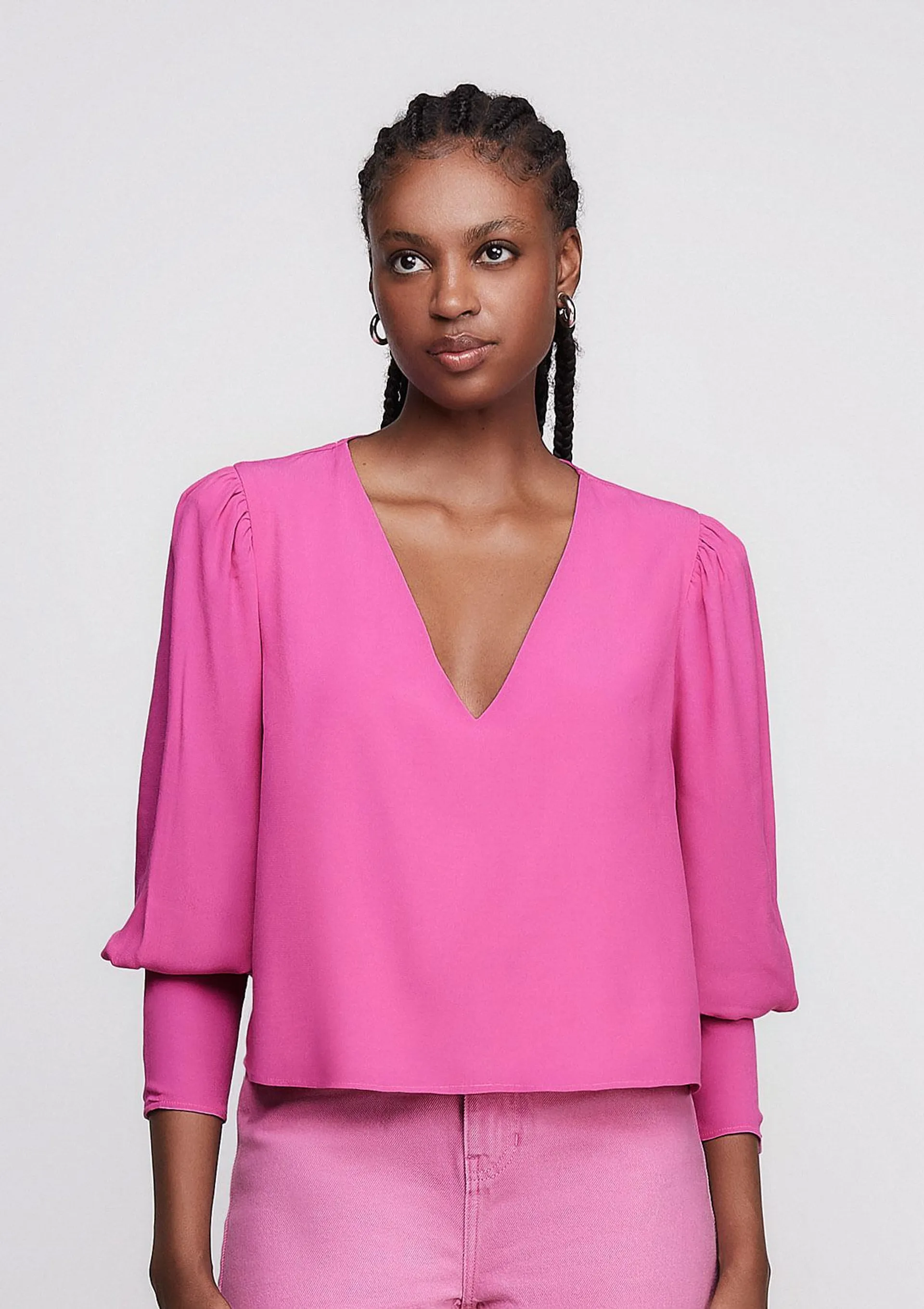 Blusa Manga Longa Decote V Em Crepe - Rosa