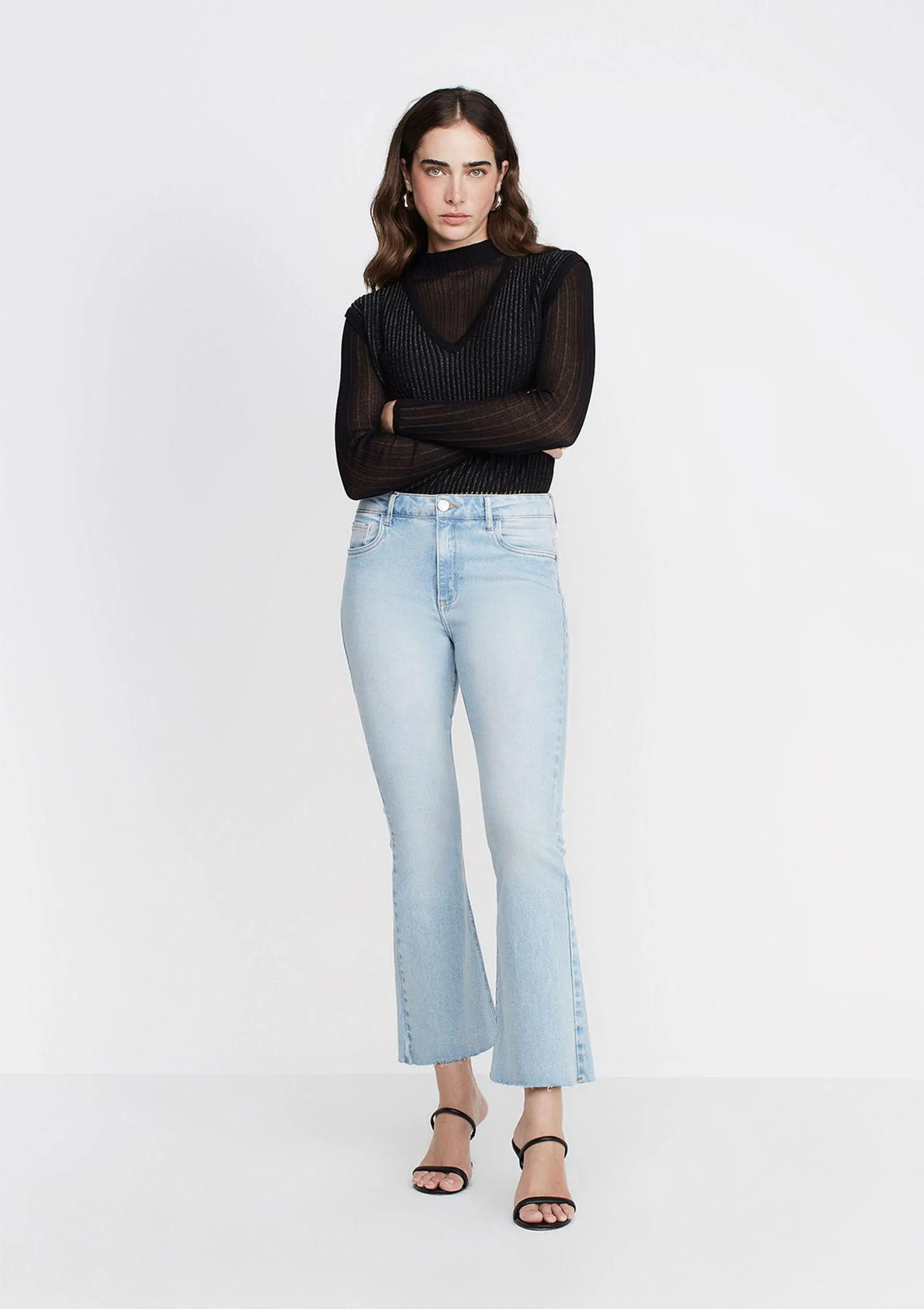 Calça Jeans Flare Cropped Cintura Alta - Azul
