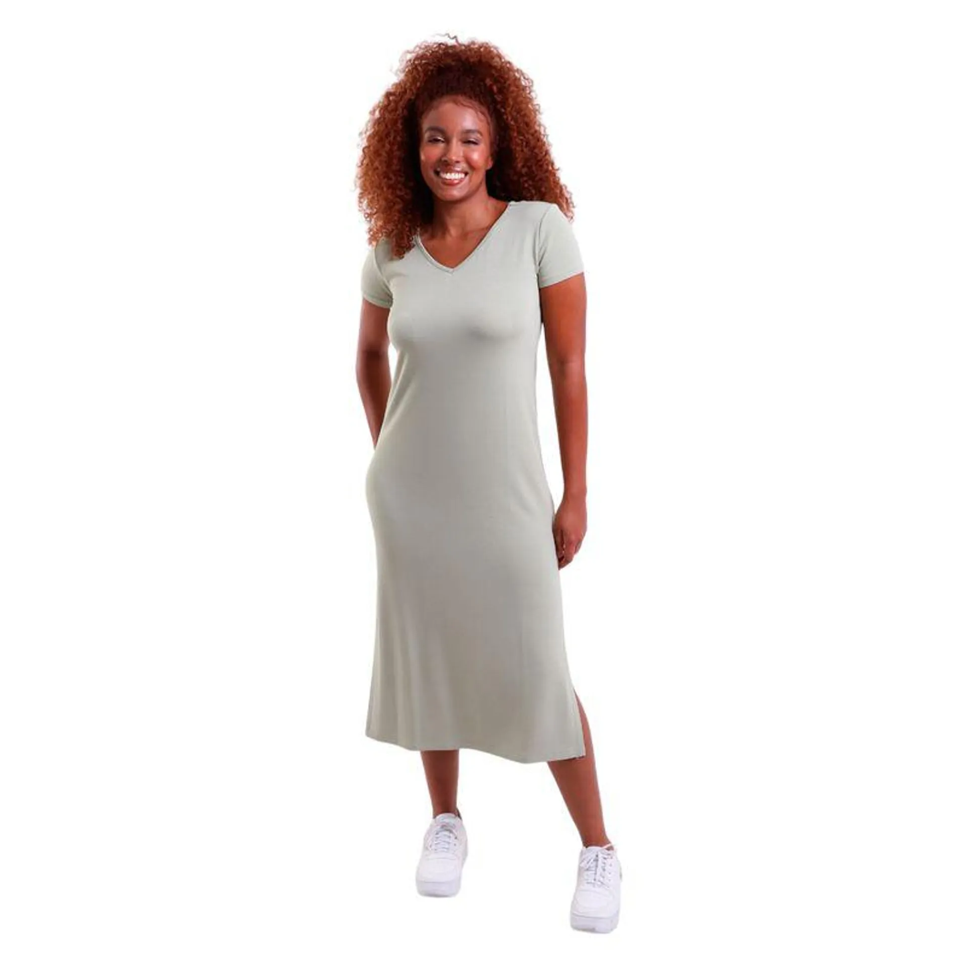 Vestido Longo Manga Curta Gola V Trendz Verde Oliva