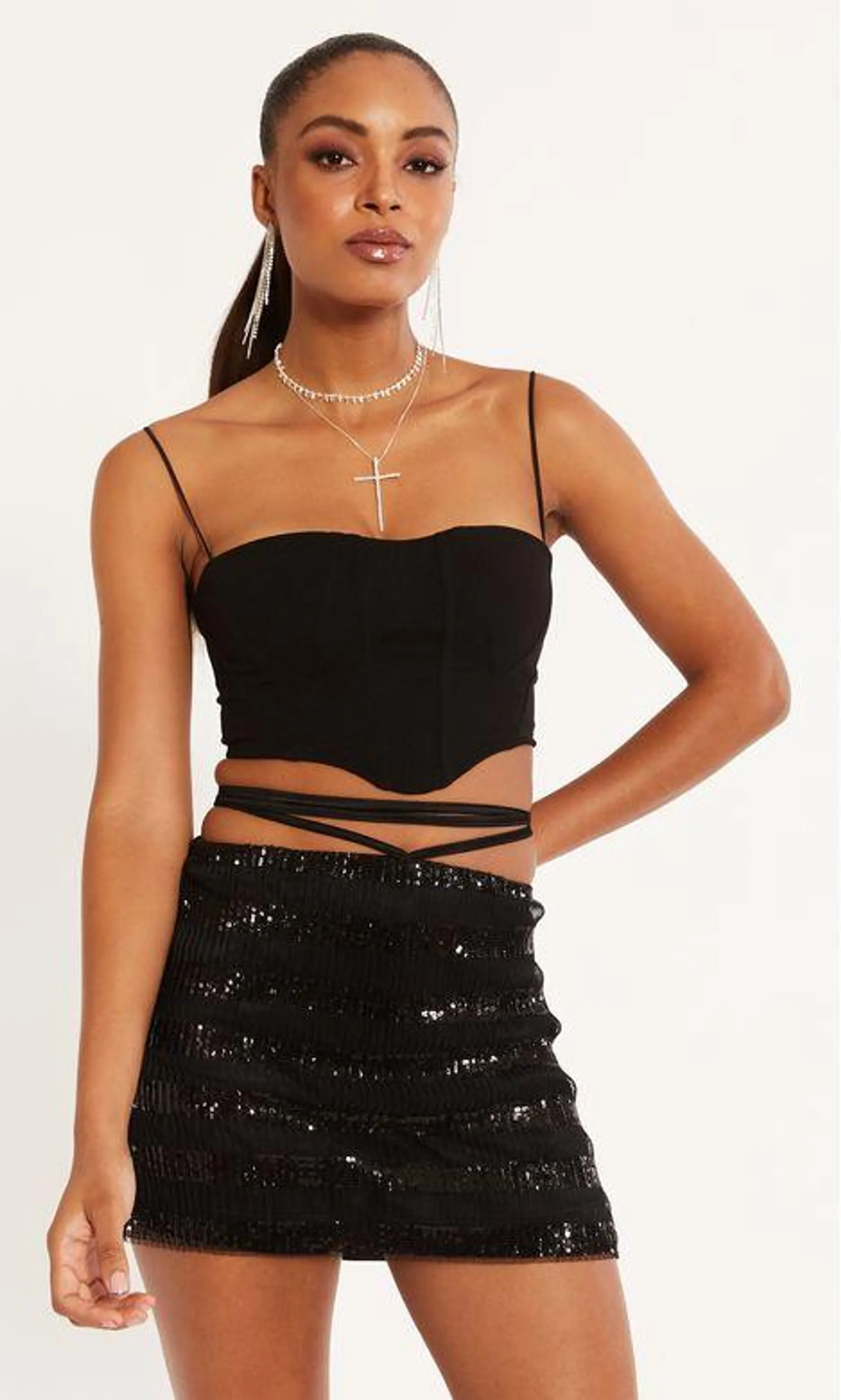 Cropped Corselet Malha Estruturada Alça Elástico - Preto