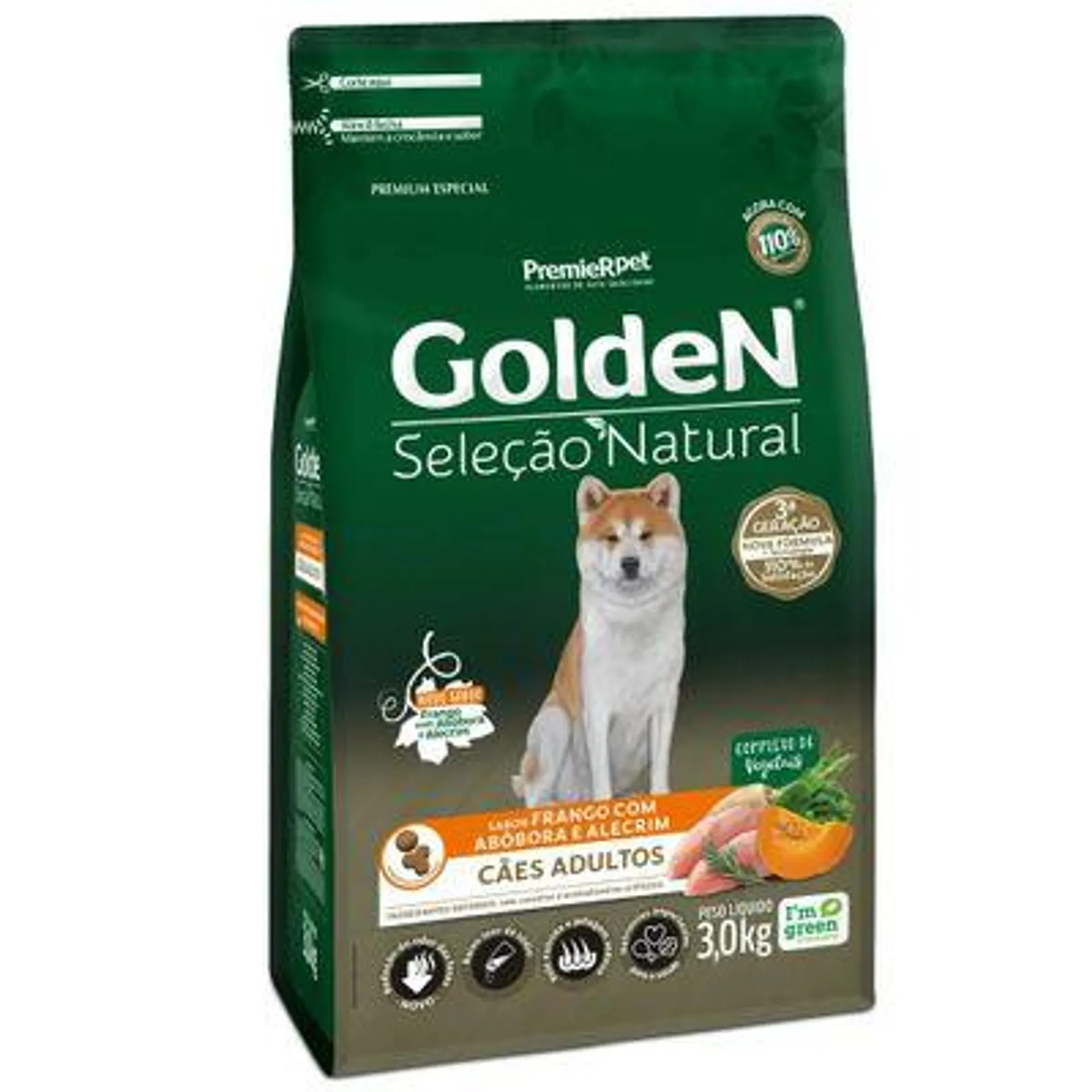 Ração Golden Seleção Natural Cães Adultos Frango, Abóbora e Alecrim 3 kg