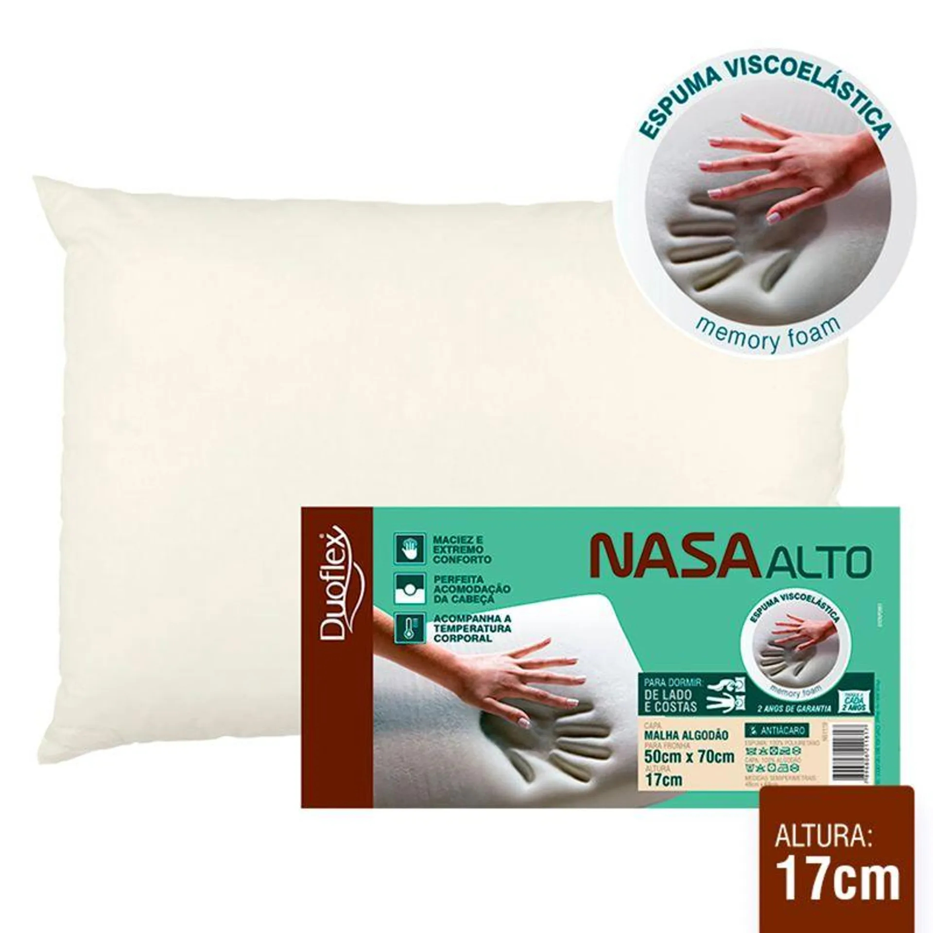 Travesseiro Viscoelástico Nasa Alto Bege 50x70x17cm NS1119 - Duoflex