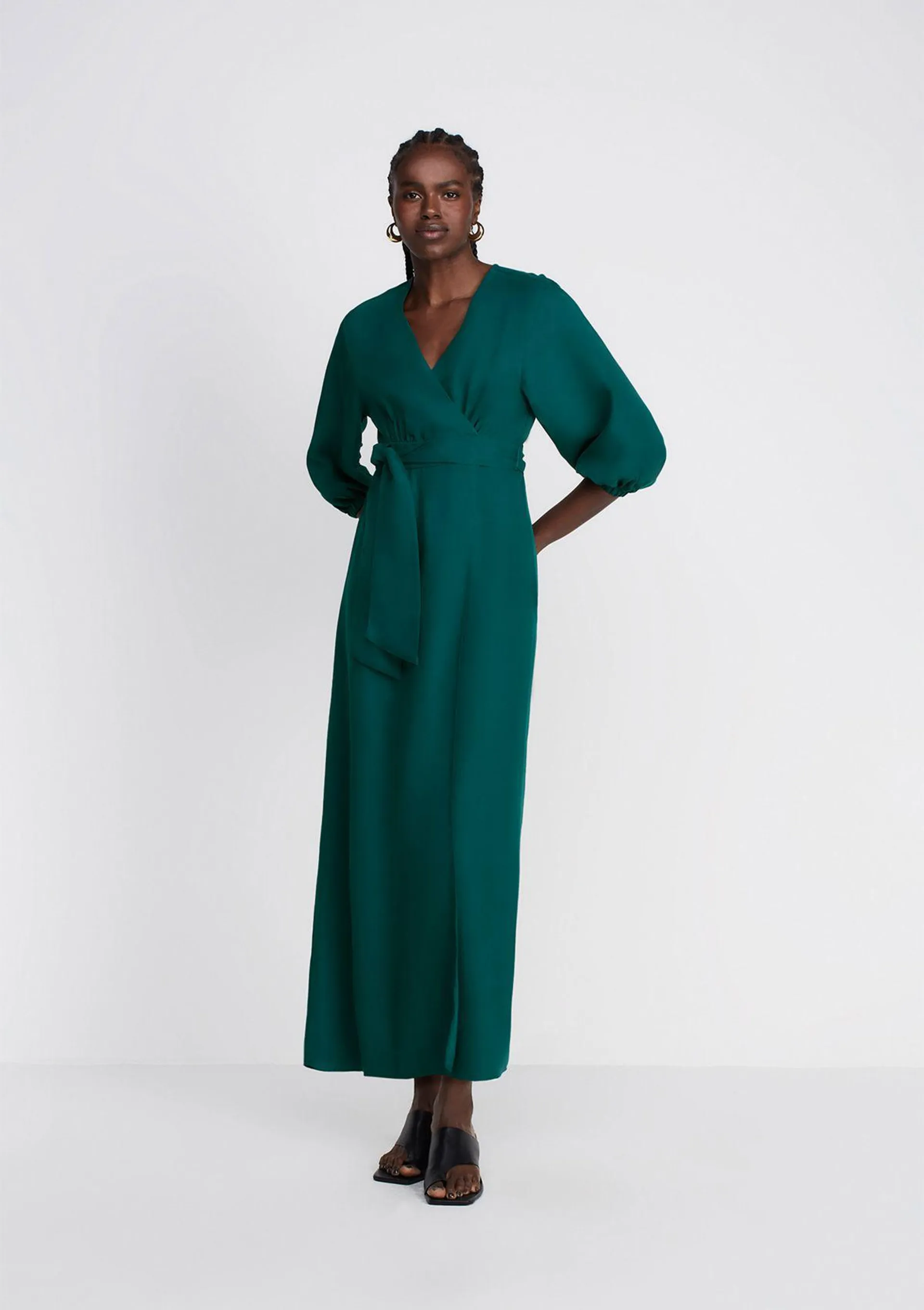 Vestido Midi Manga Longa Decote V - Verde