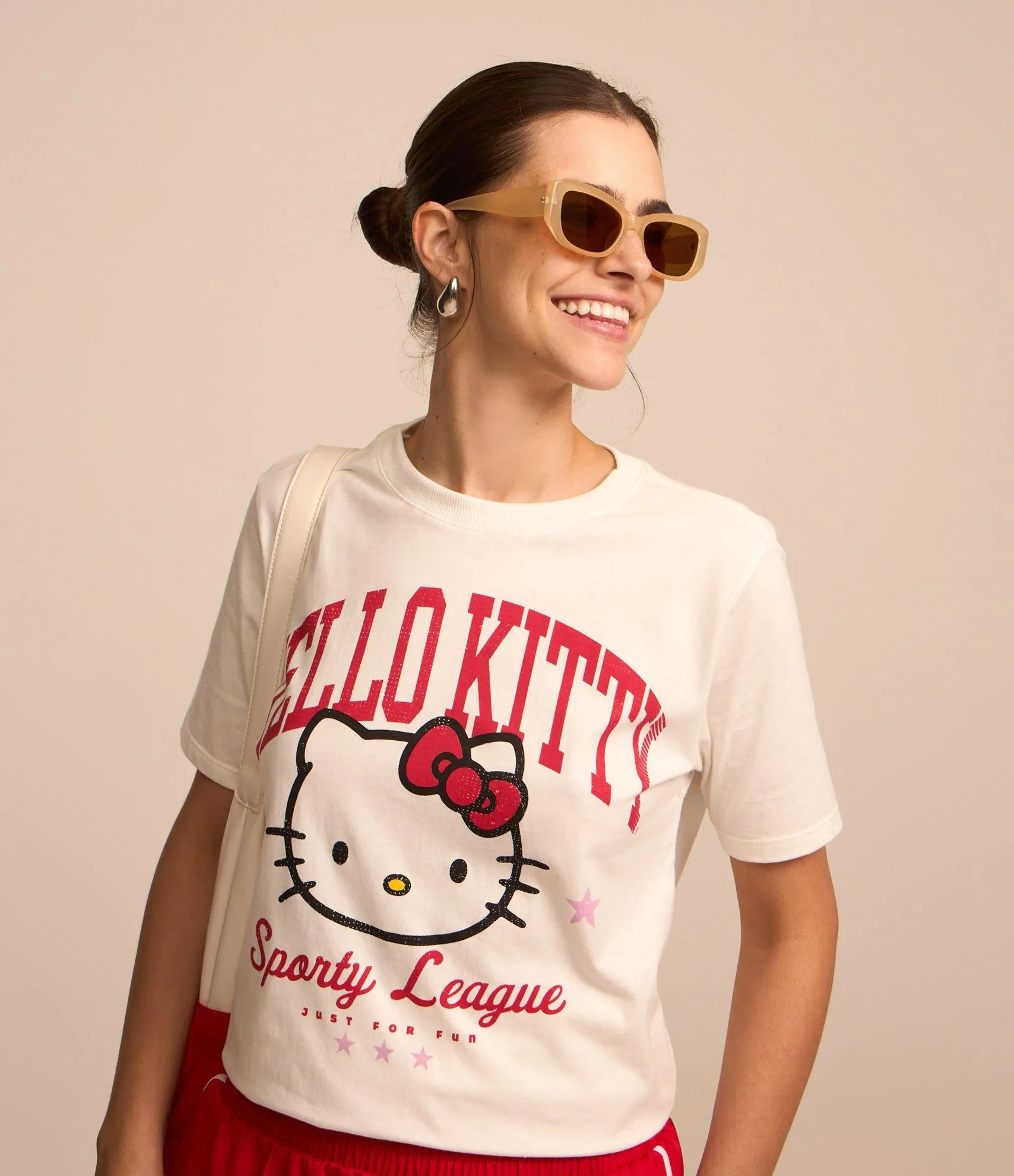 Camiseta Alongada em Algodão com Estampa Hello Kitty Sporty League Branco