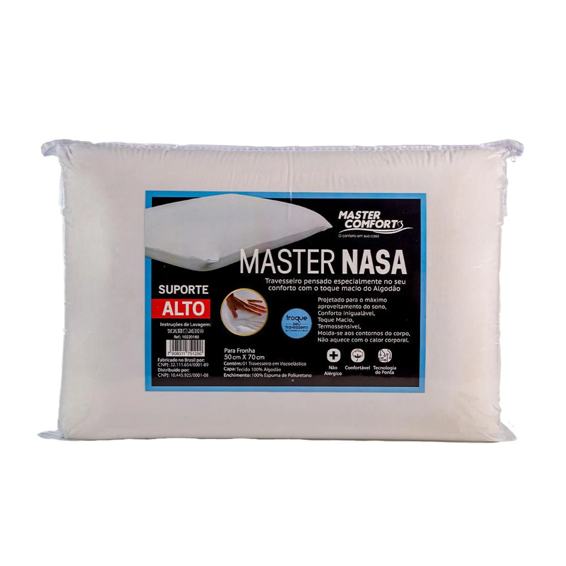 Travesseiro Viscoelástico Master Nasa Suporte Alto Branco 60x40cm 10220180 - Master Comfort