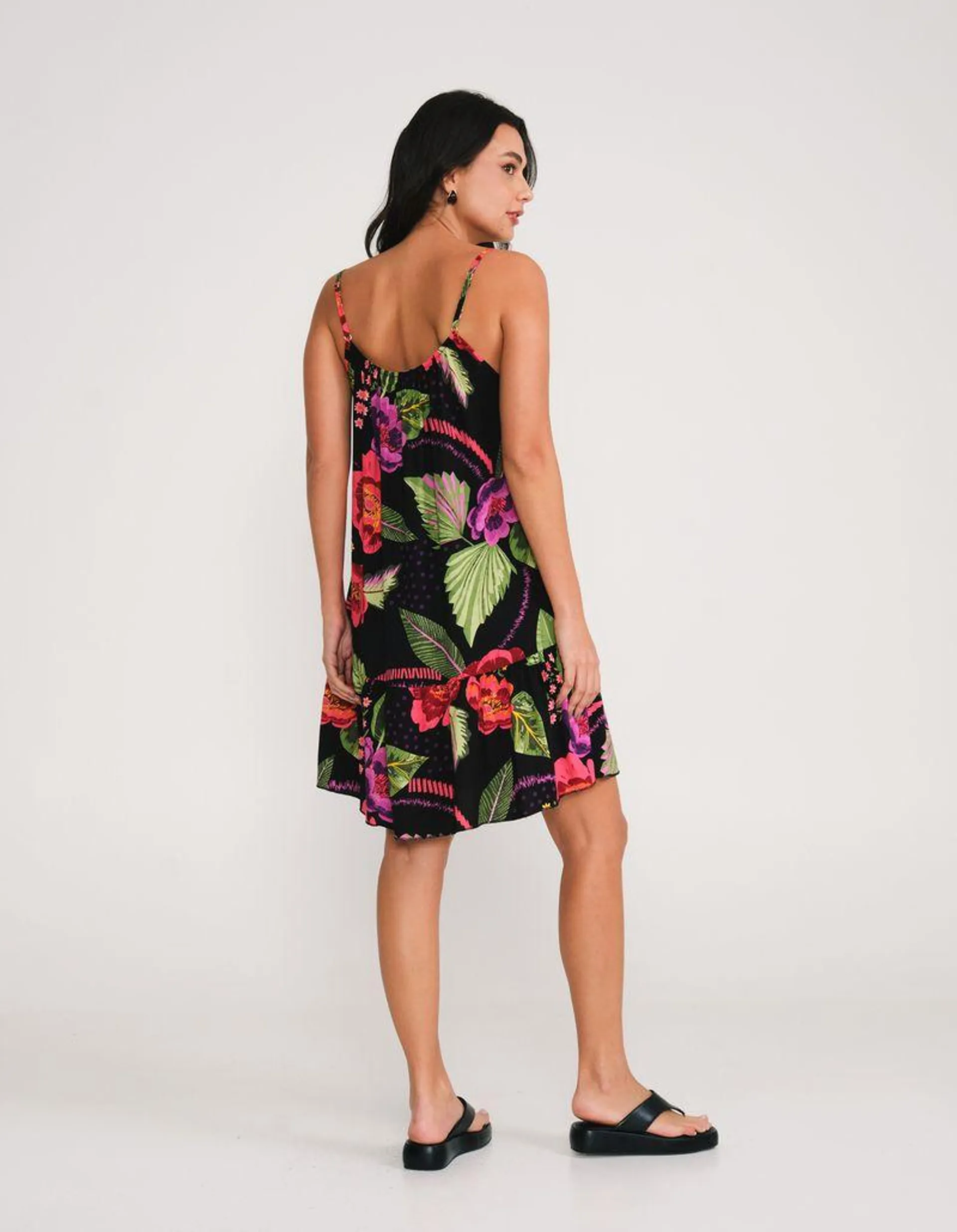 Vestido Curto Estampado Floral Red - Preto