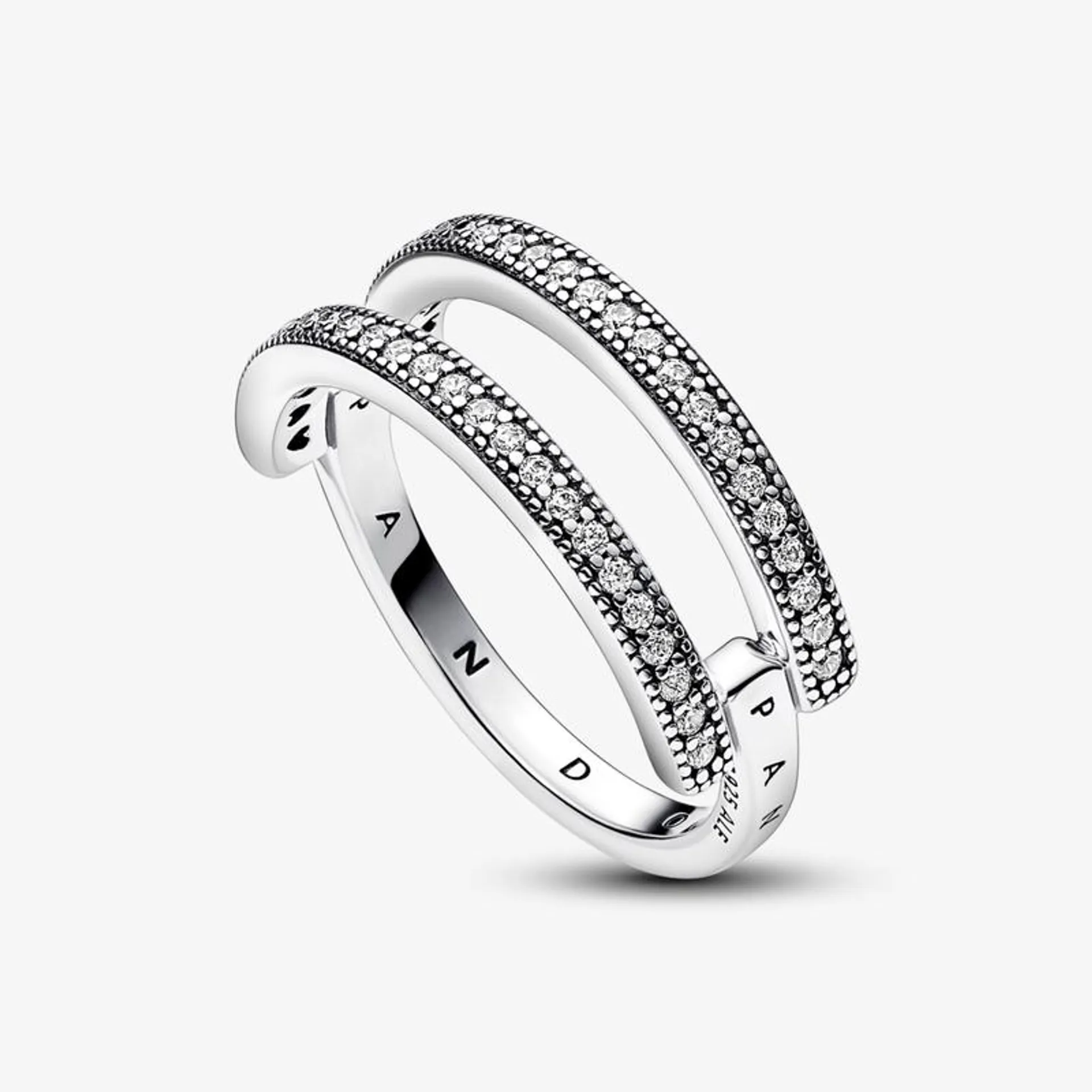 Anel De Aro Duplo Logo E Pave Pandora Signature De Prata Com Zirconia
