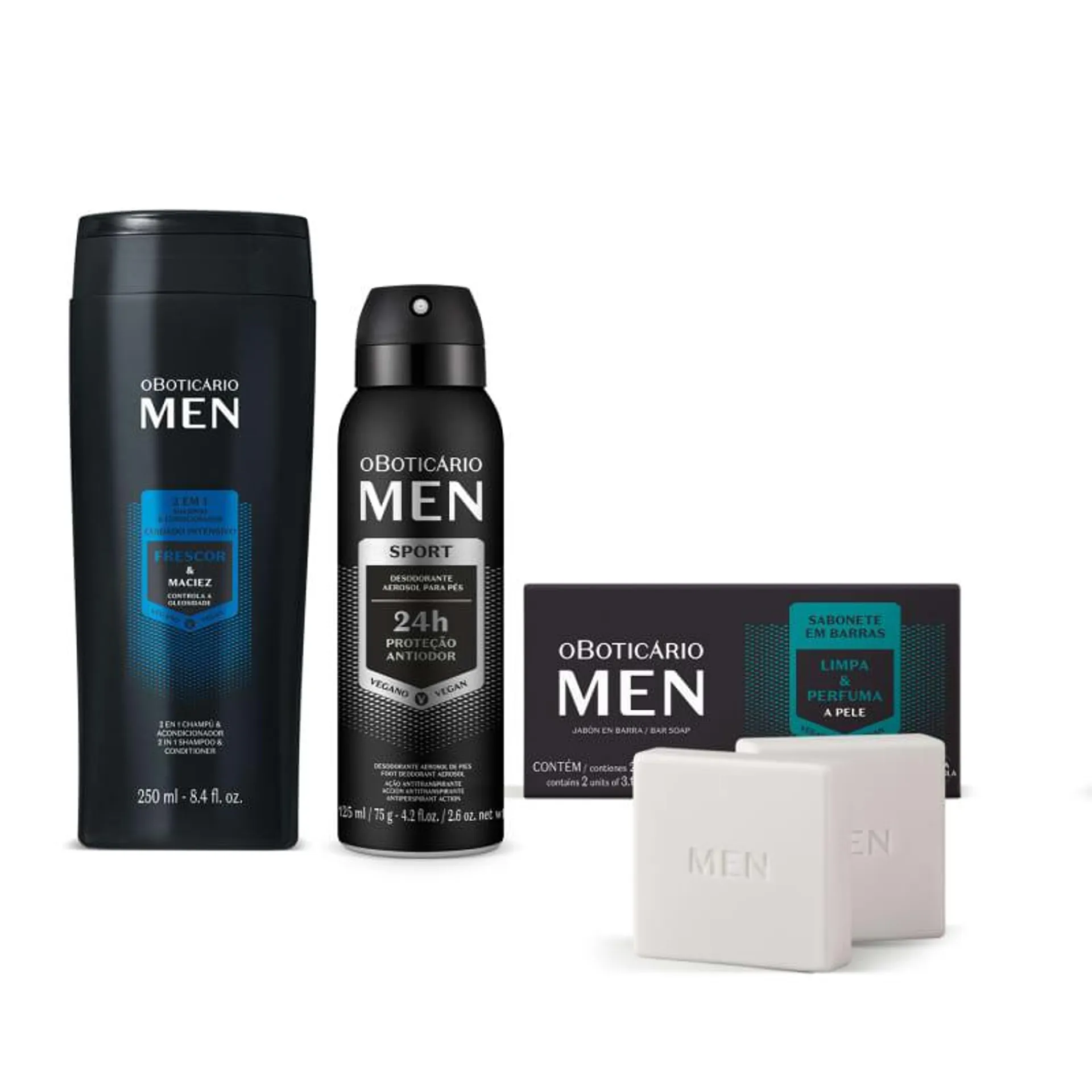 Combo MEN: Shampoo 2 em 1 250ml + Sabonete em Barra 2x90g + Desodorante Para Pés 125ml