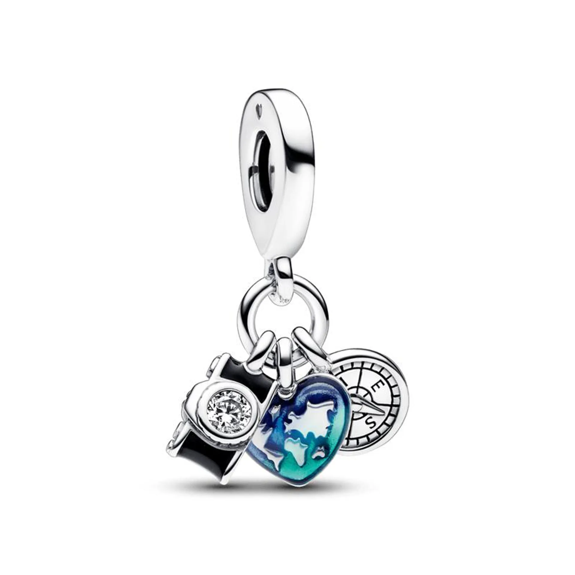 Charm Pendente Triplo Câmera, Coração e Bússola