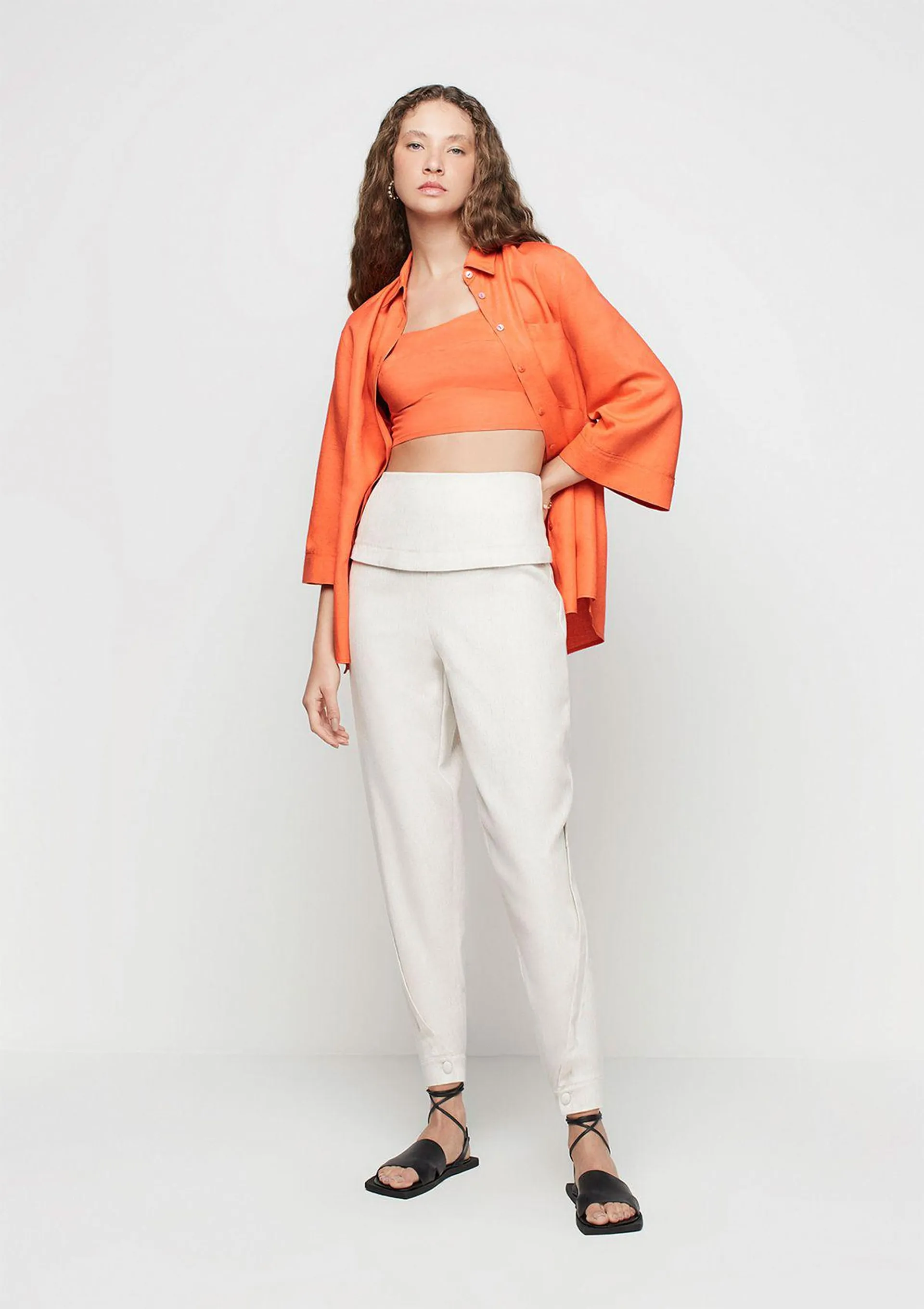 Calça Baggy Cintura Alta Com Linho - Off White