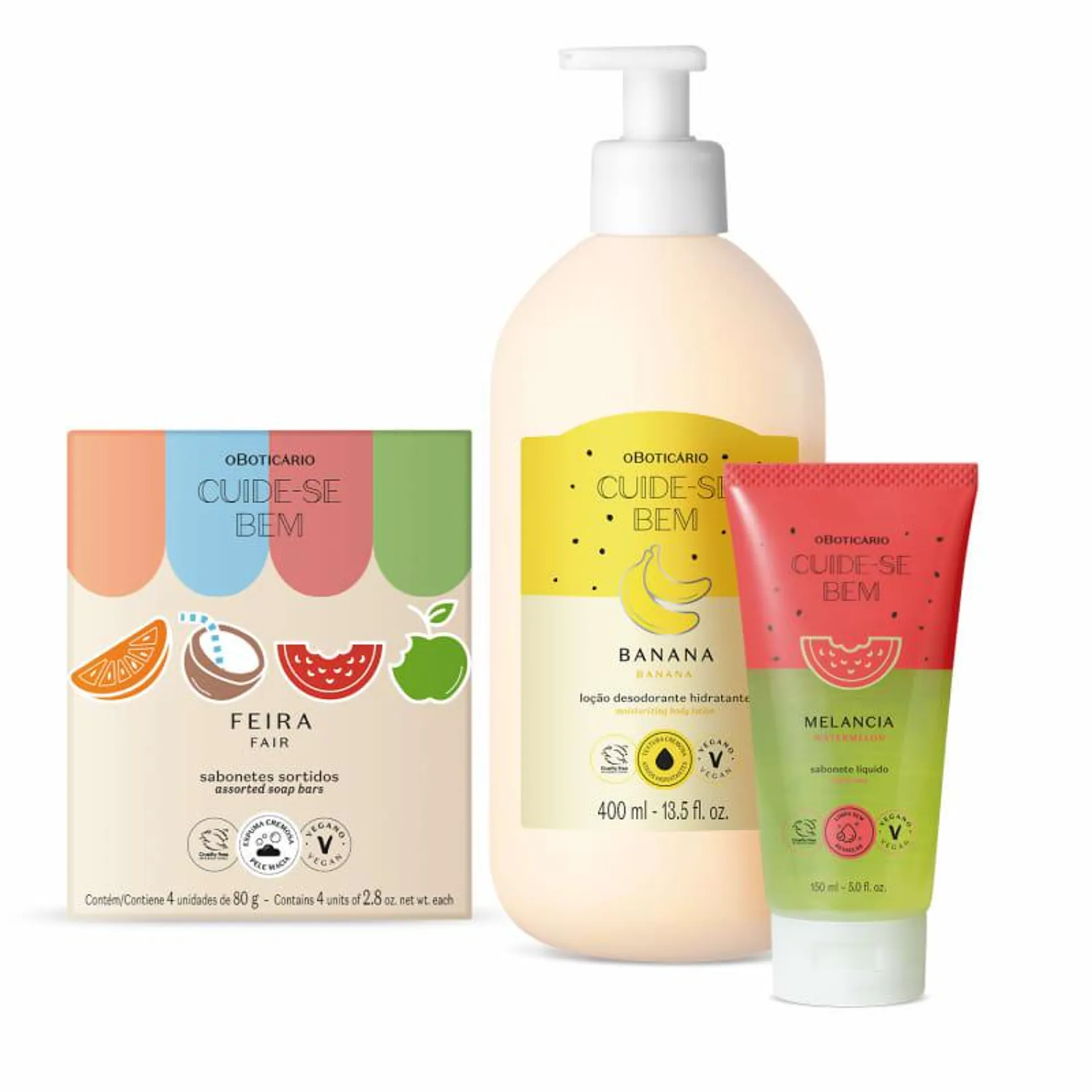 Combo Cuide-se Bem Feira Cuidados Corporais: Sabonetes Sortidos 4x80g + Sabonete Líquido Melancia 150ml + Loção Corporal Banana 400ml