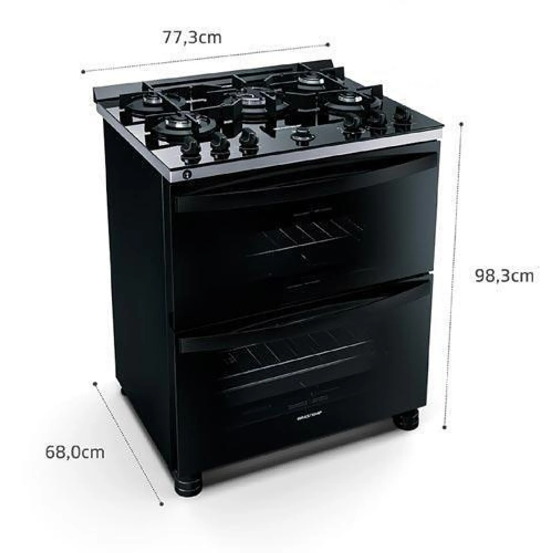 Fogão de Piso Brastemp de 05 Bocas com Mesa de Vidro e Duplo Forno Preto - BFD5VCE - 110v