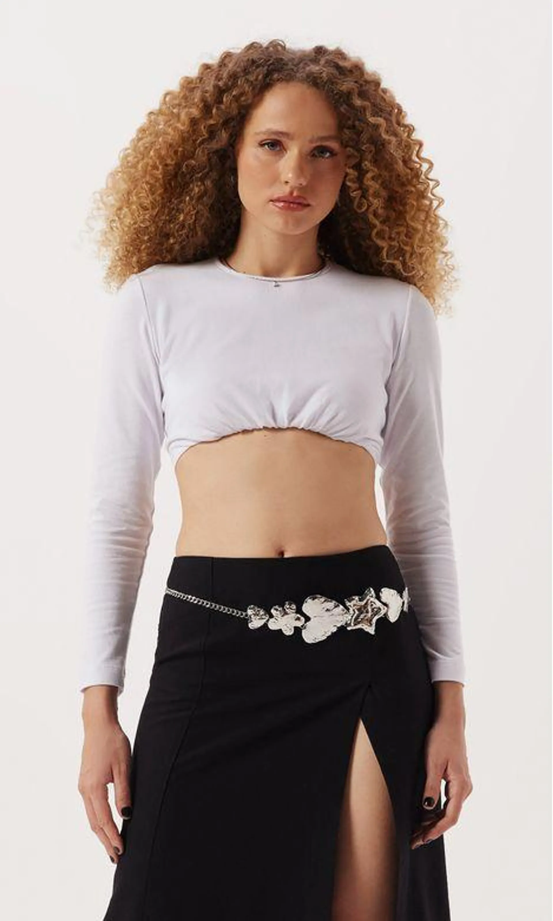 Cropped em Malha Manga Longa Busto Franzido - Branco