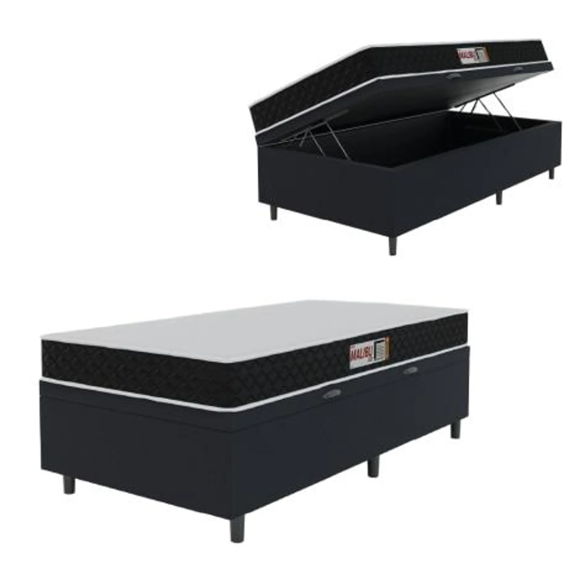 Cama Box Baú Colchão Solteiro Espuma D20 Malibu 78x188x53cm Preto / Branco Hellen