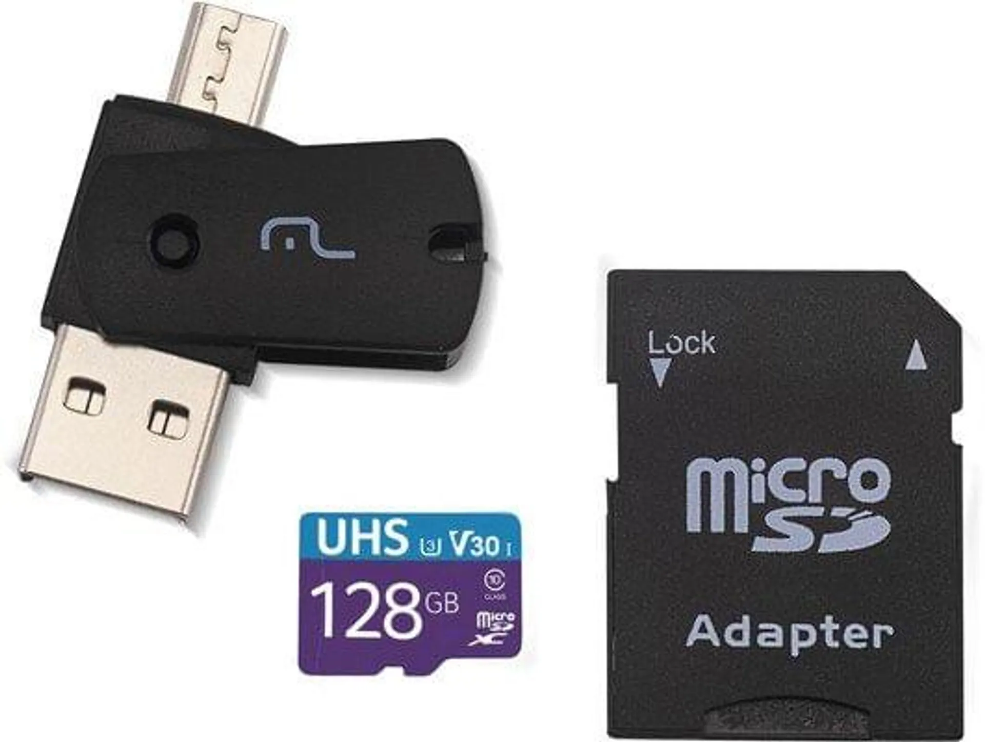 Adaptador USB Multilaser MC153 Dual Drive Com Adaptador SD Com CartãoMemoria UHS3 C10 128GB