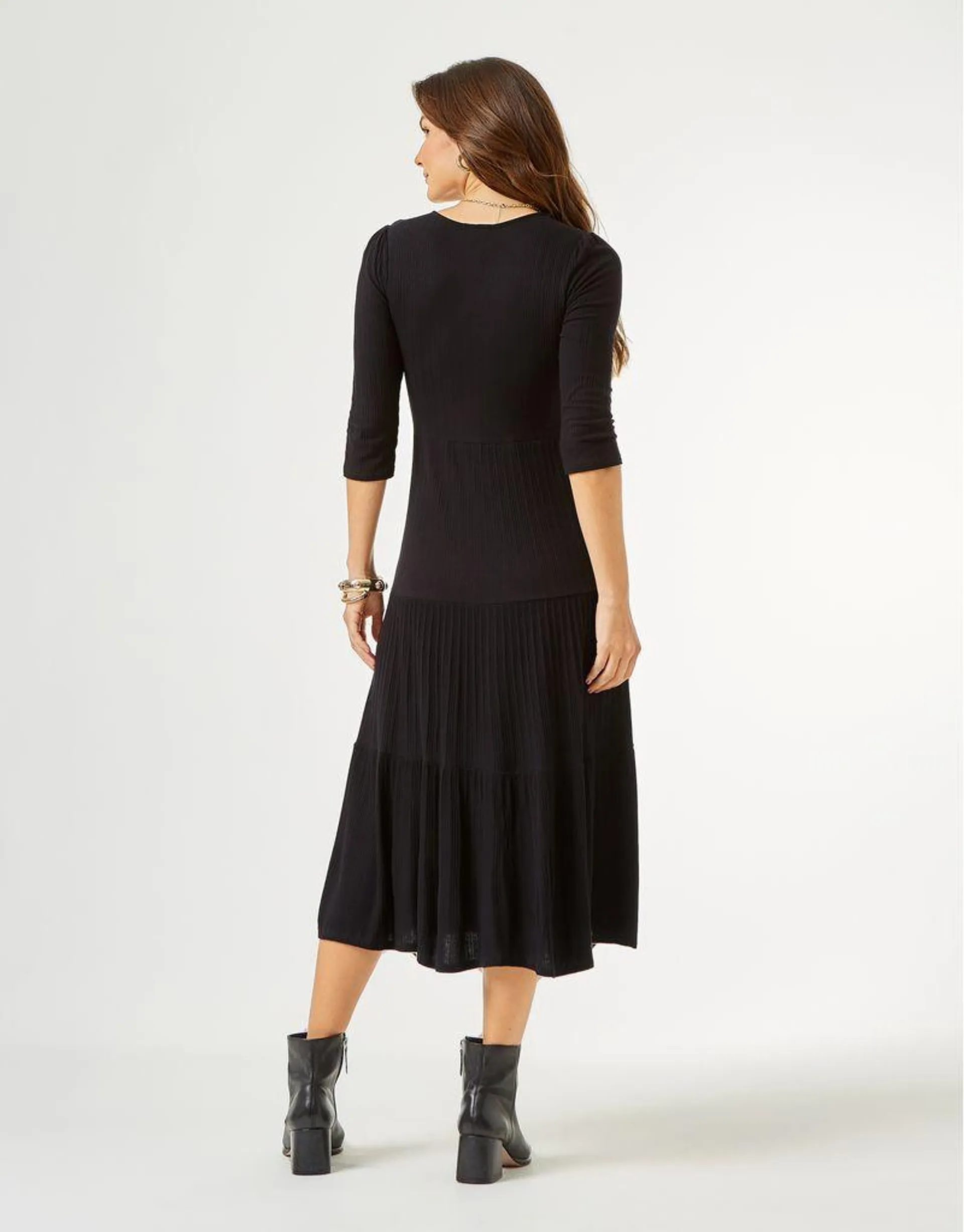 Vestido Canelado Marias Midi - Preto