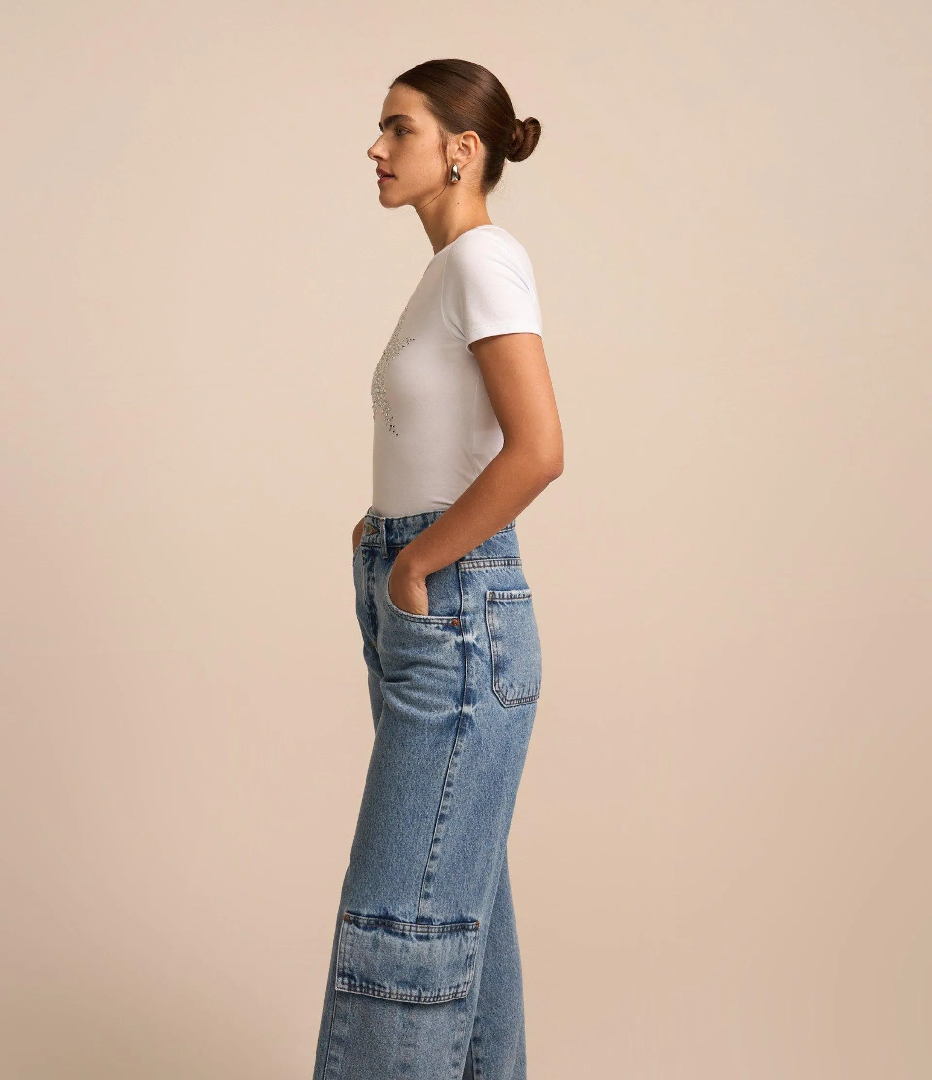 Calça Cargo em Jeans com Bolsos Cargo Azul