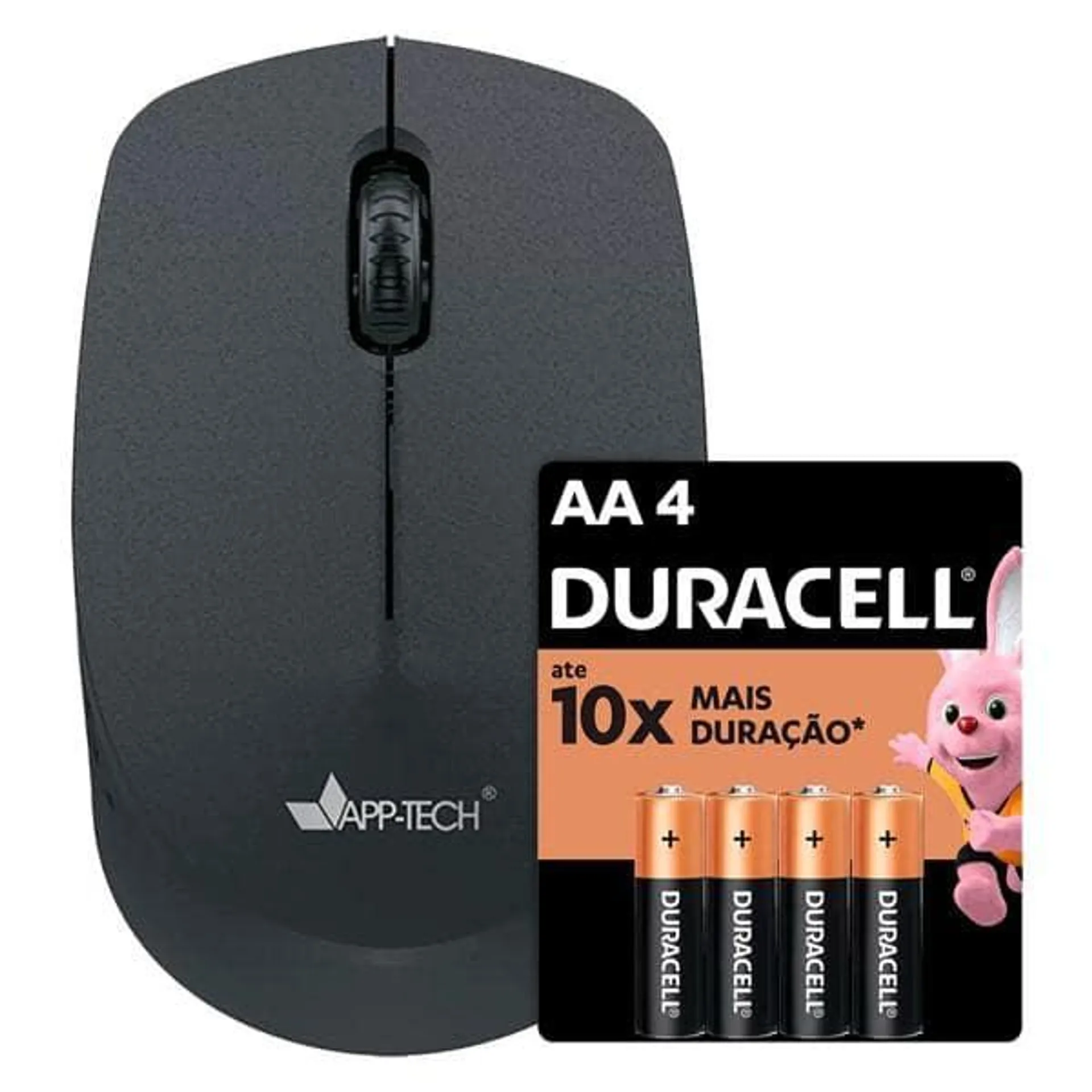 Mouse sem fio, Preto, 1200dpi, MW100, App-tech + Pilha Alcalina Pequena, AA, Duracell - CX 1 UN