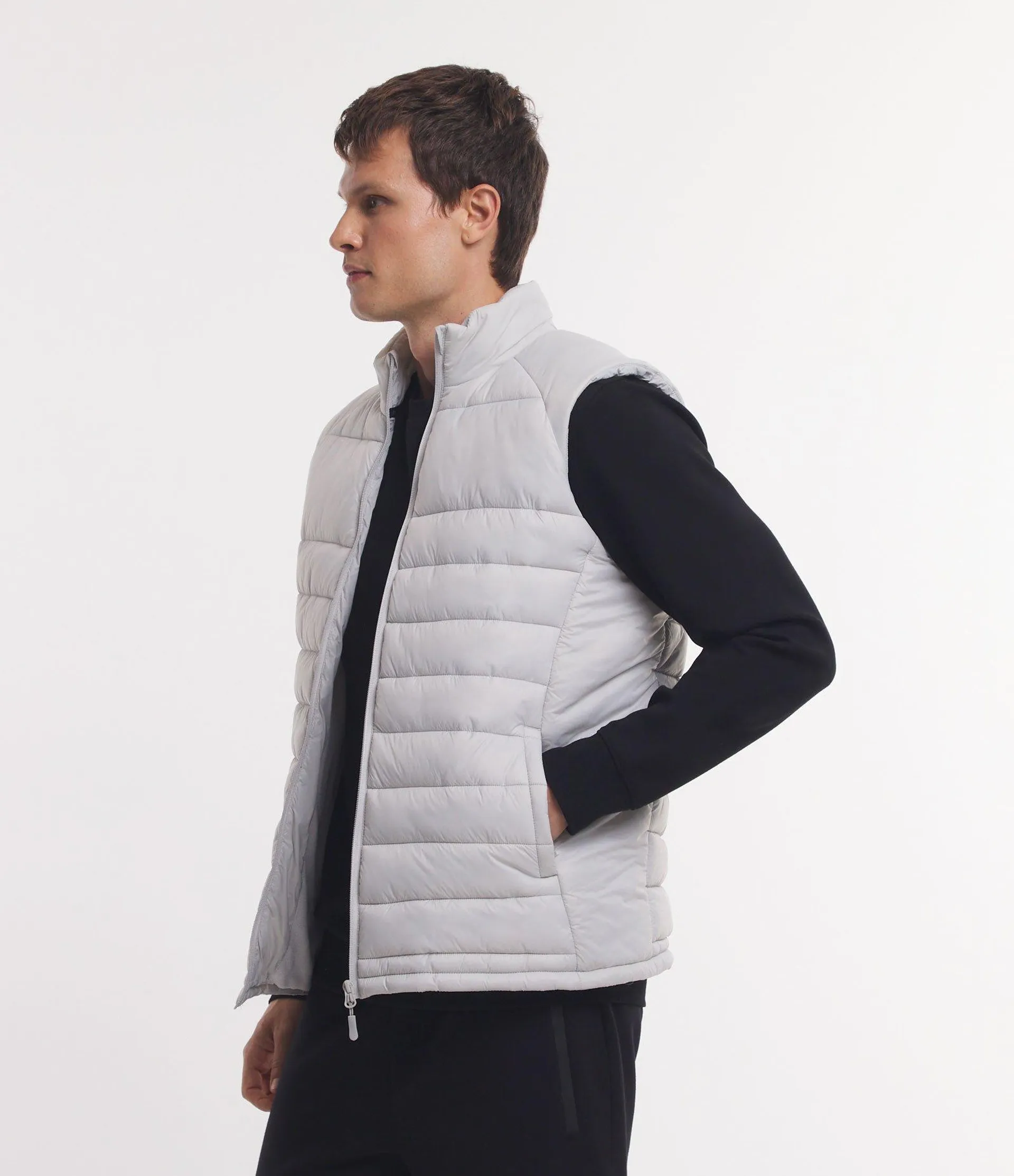 Colete Puffer Esportivo com Gola Alta e Gomos Branco Gelo