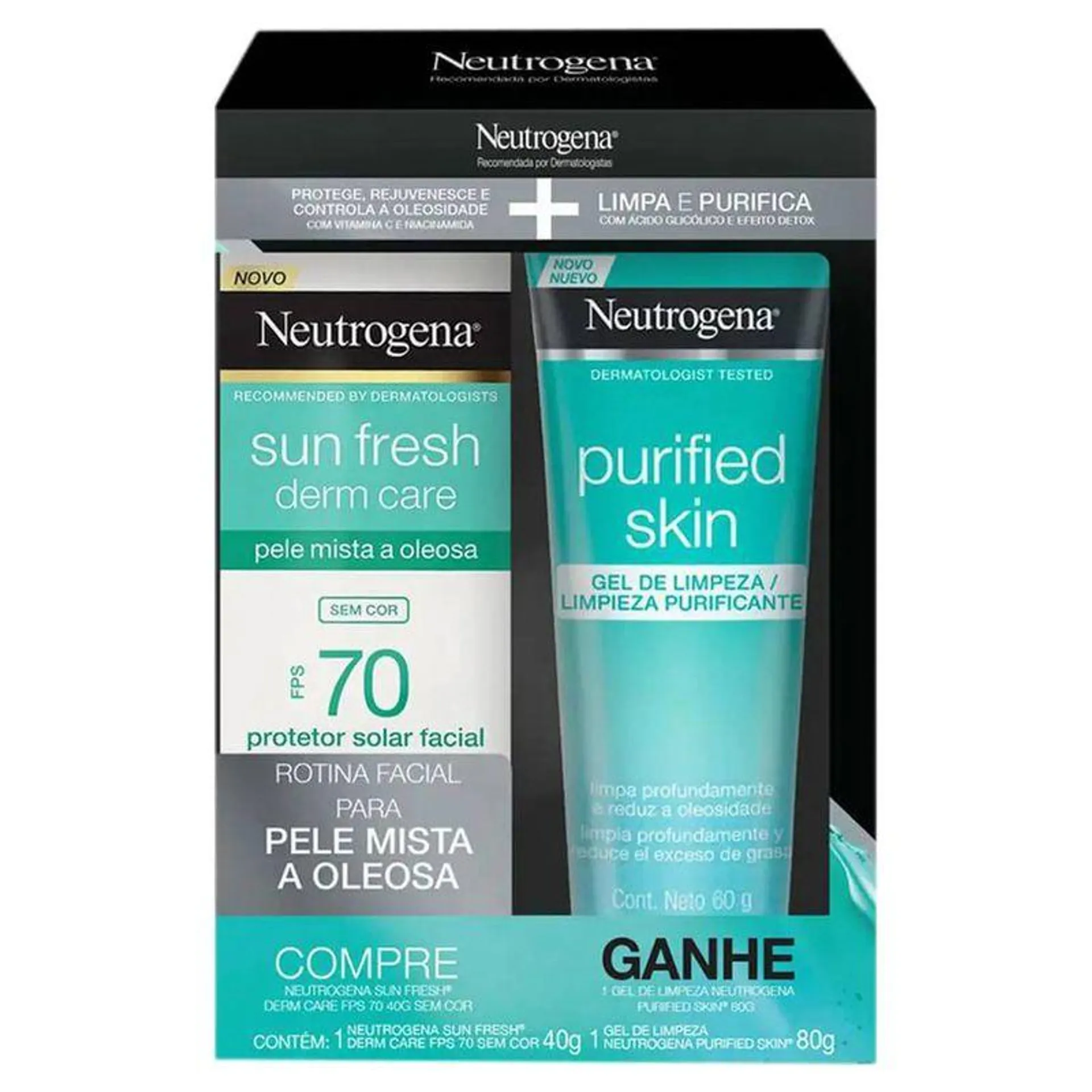 Kit Neutrogena Sun Fresh Protetor Solar Facial sem Cor FPS70 com 40g + Gel de Limpeza Purified Skin com 60g