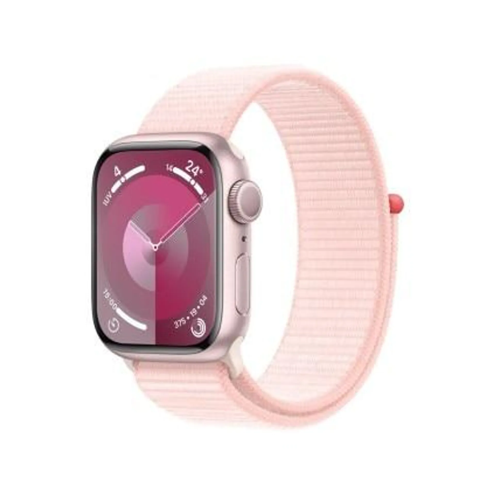 Apple Watch Series 9 GPS • Caixa rosa de alumínio – 45 mm • Pulseira loop esportiva rosa-clara (neutro em carbono)