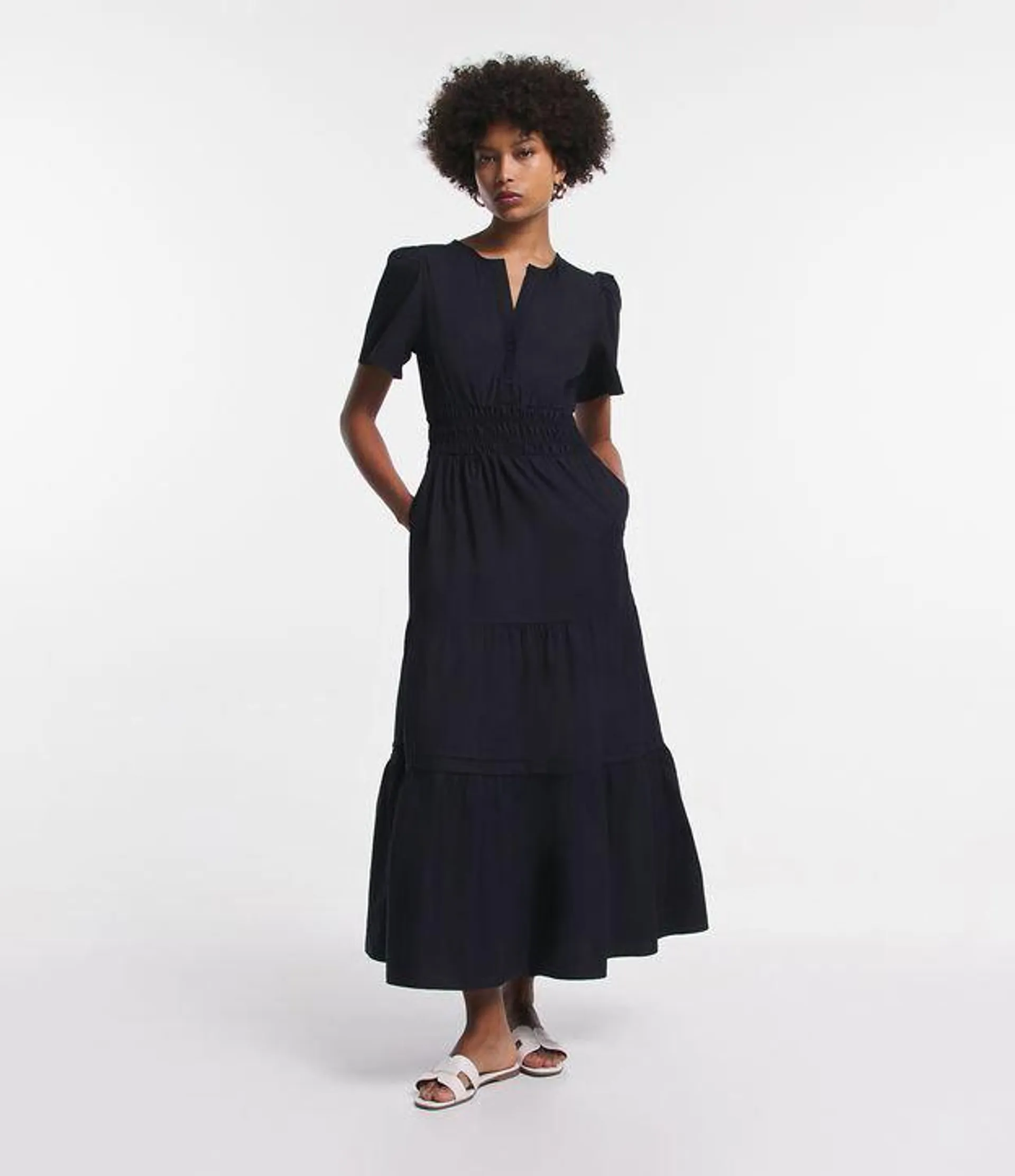 Vestido Longo Evasê Manga Bufante em Tricoline com Elástico na CIntura Azul Marinho