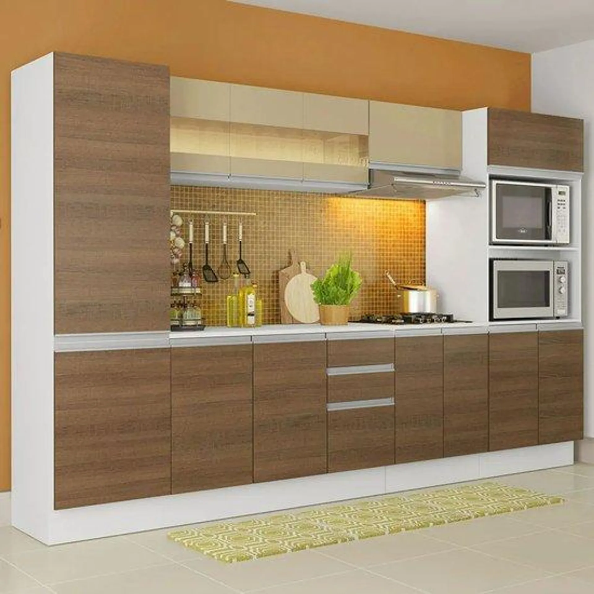 Armário de Cozinha Completa Madesa Smart 100% MDF 300 cm com Balcão e Tampo - Branco/Rustic