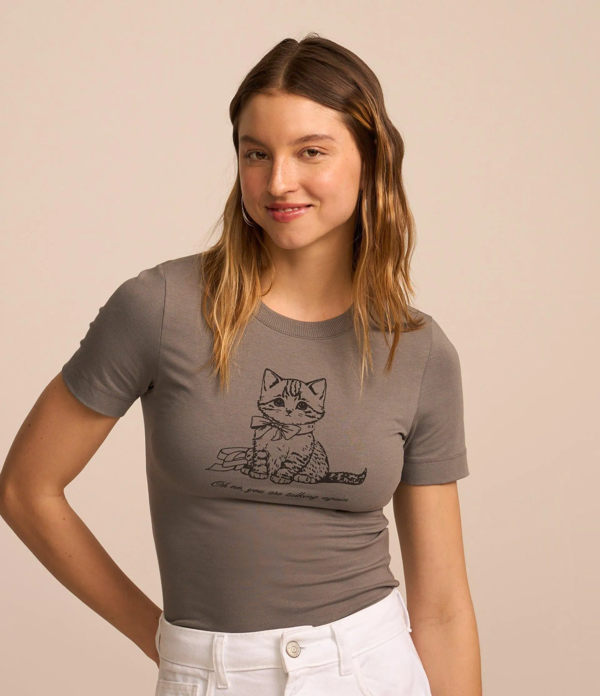 Blusa T-shirt em Algodão com Estampa Gatinho Cinza