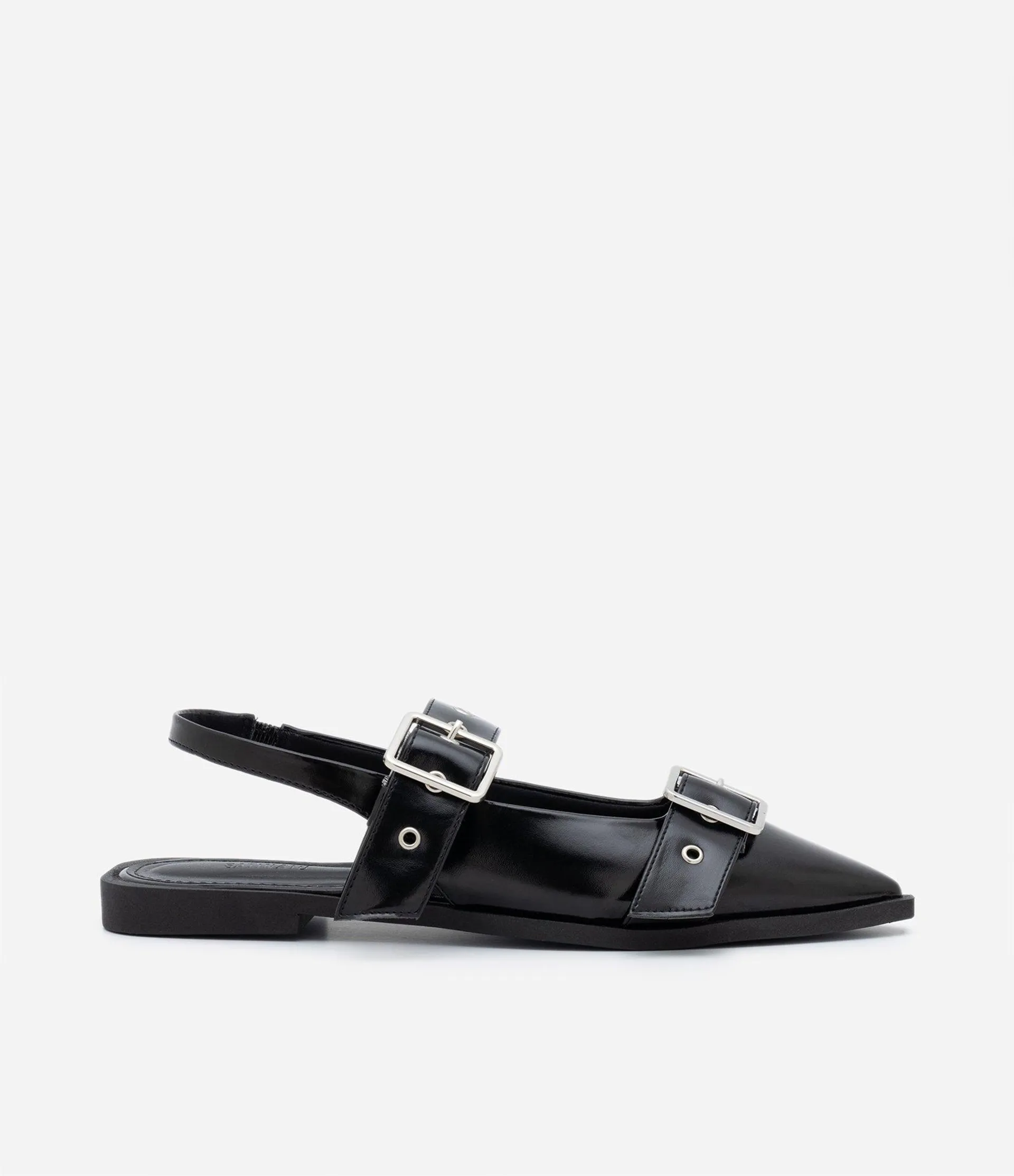 Sapatilha Slingback com Bico Fino e Fivelas Preto