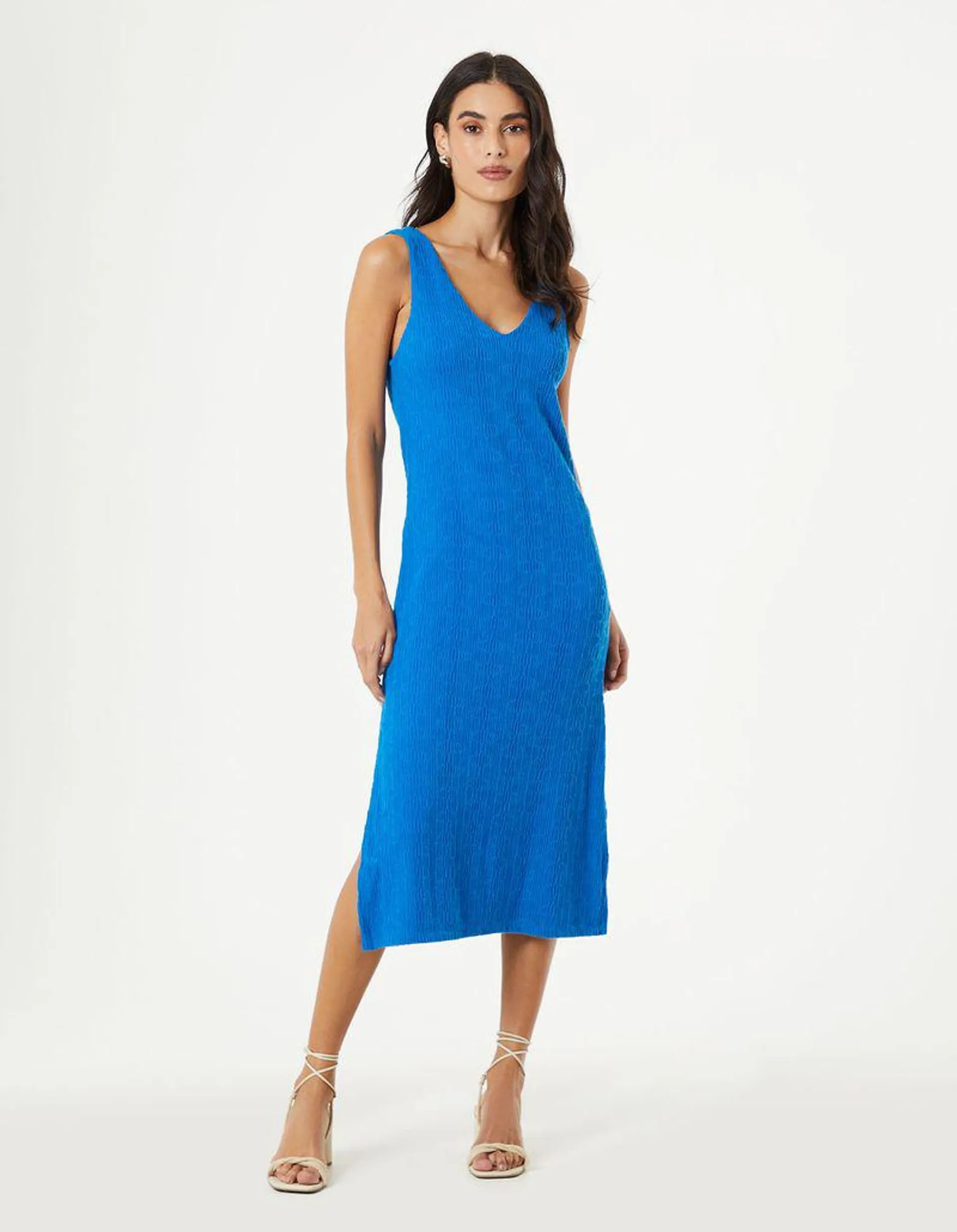 Vestido Midi Decote v Textura - Azul