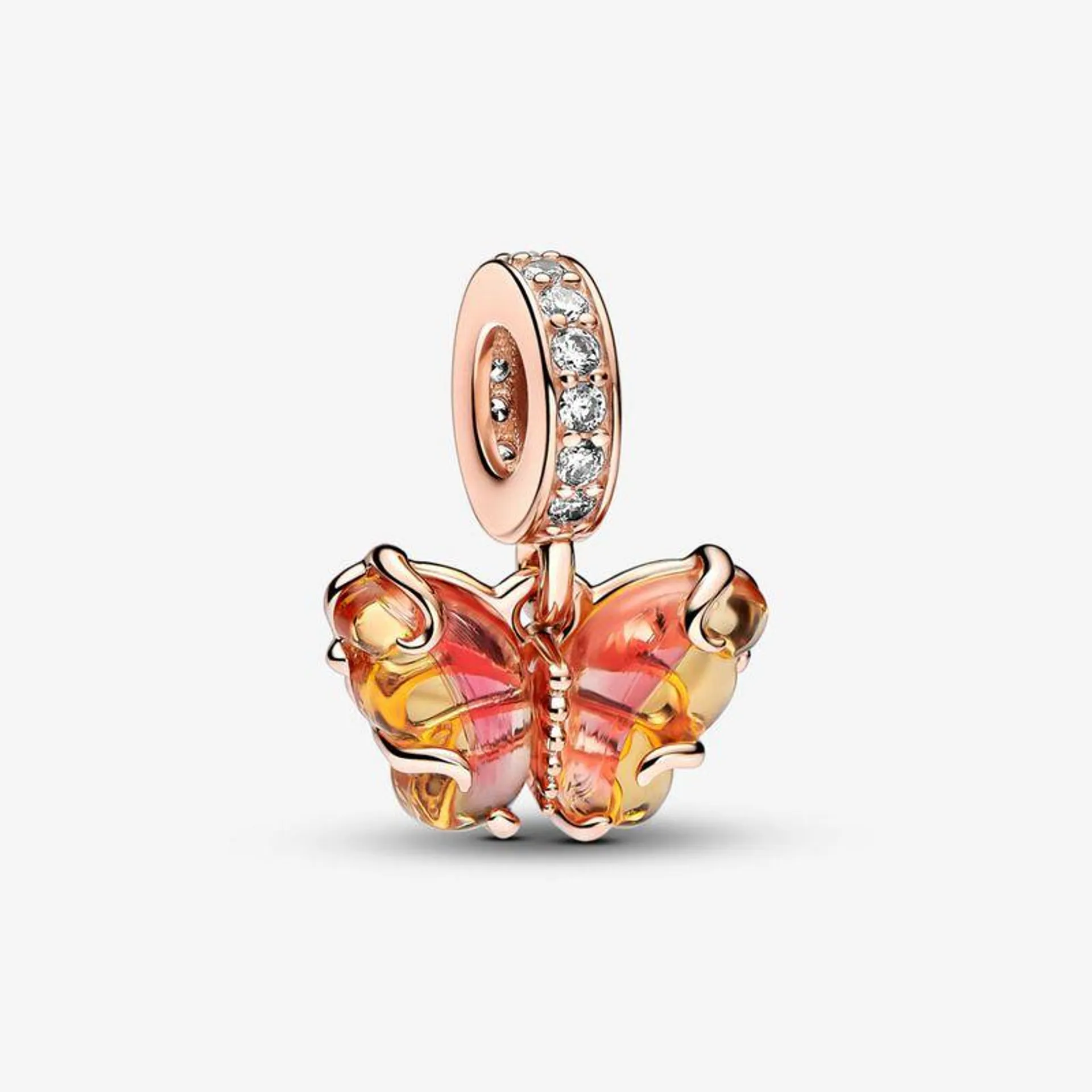 Charm Rose Pendente Borboleta Em Vidro Murano Laranja E Rosa