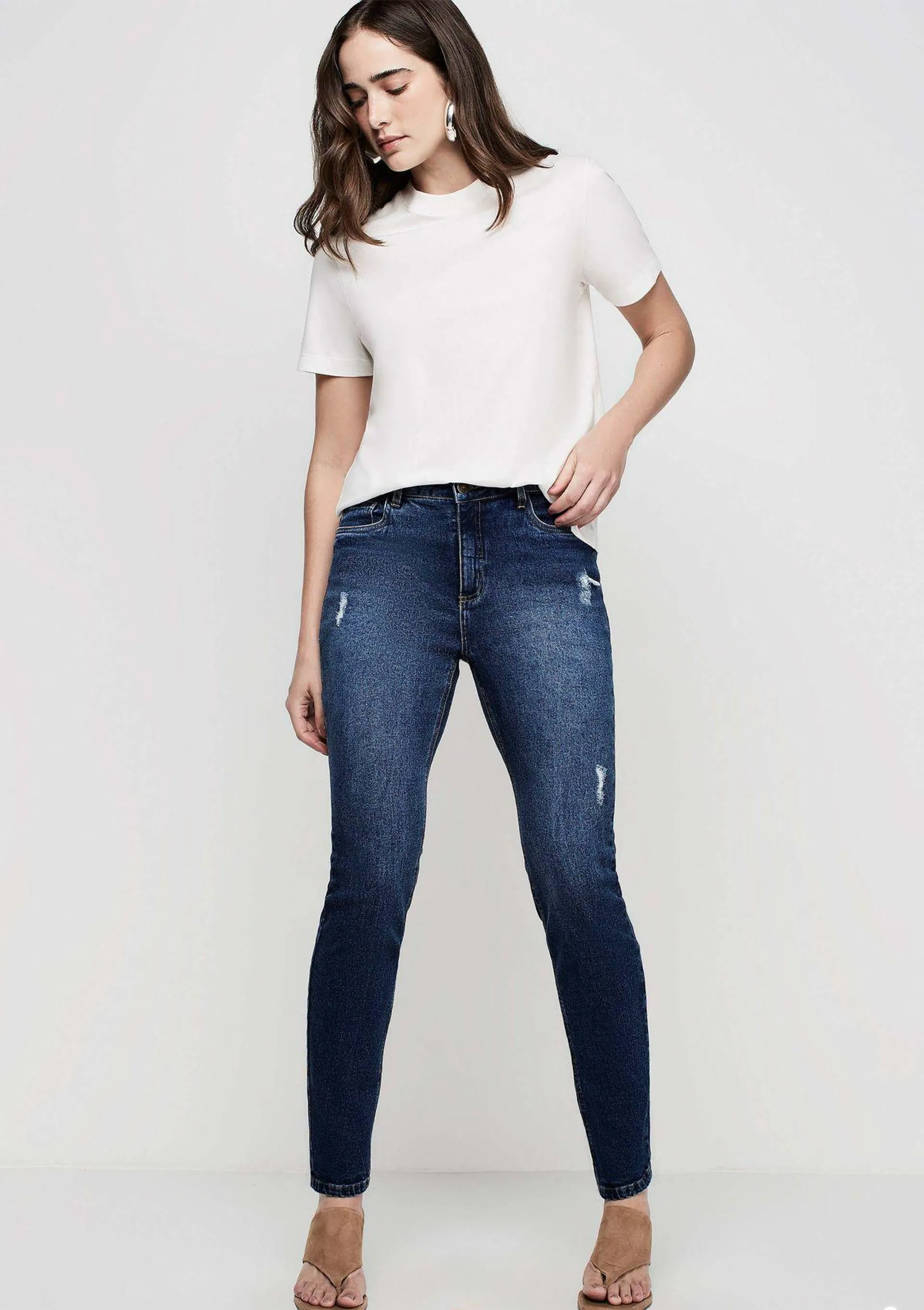 Calça Jeans Skinny Cintura Alta Com Elastano - Azul