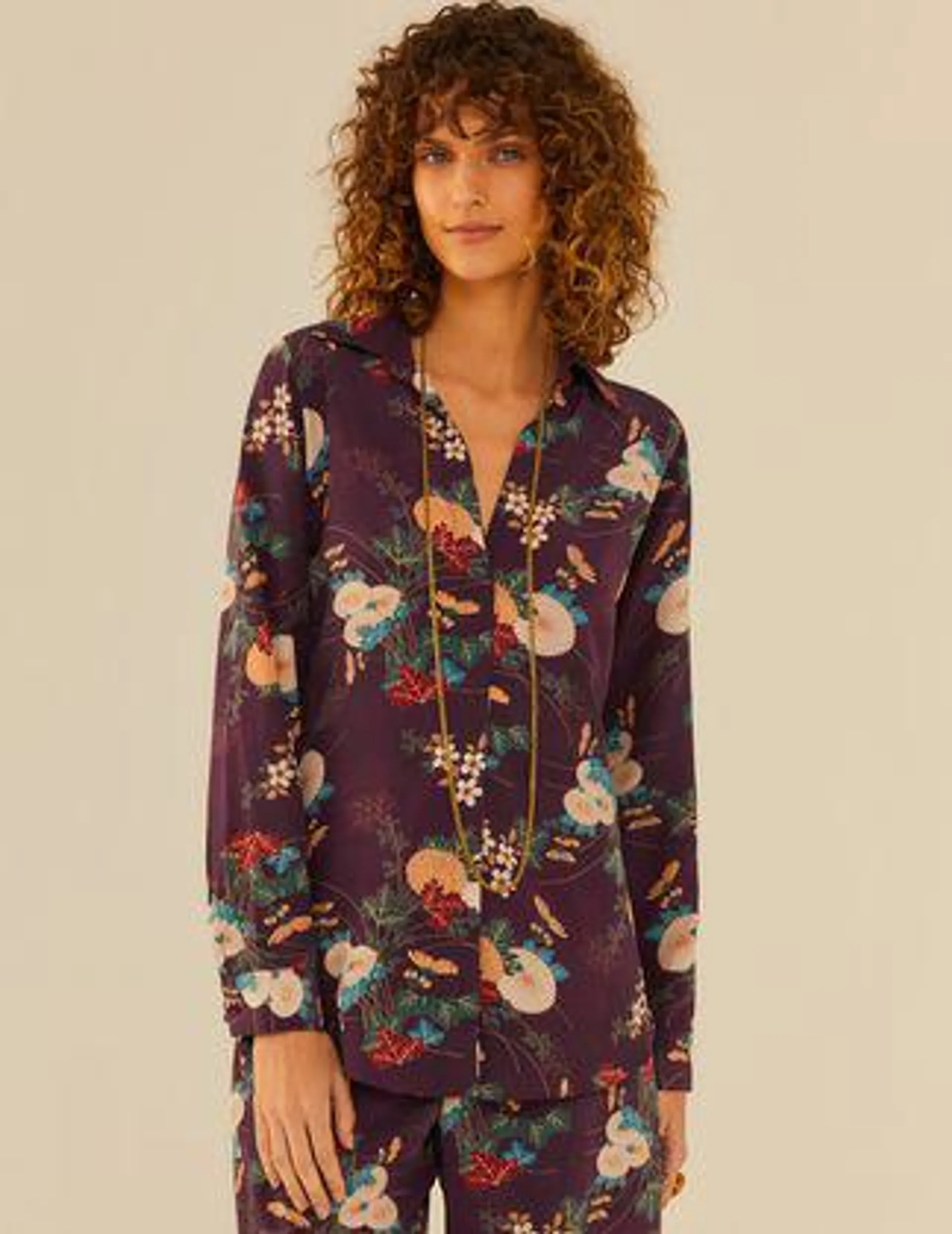 Camisa Seda Estampa Kimono Figo