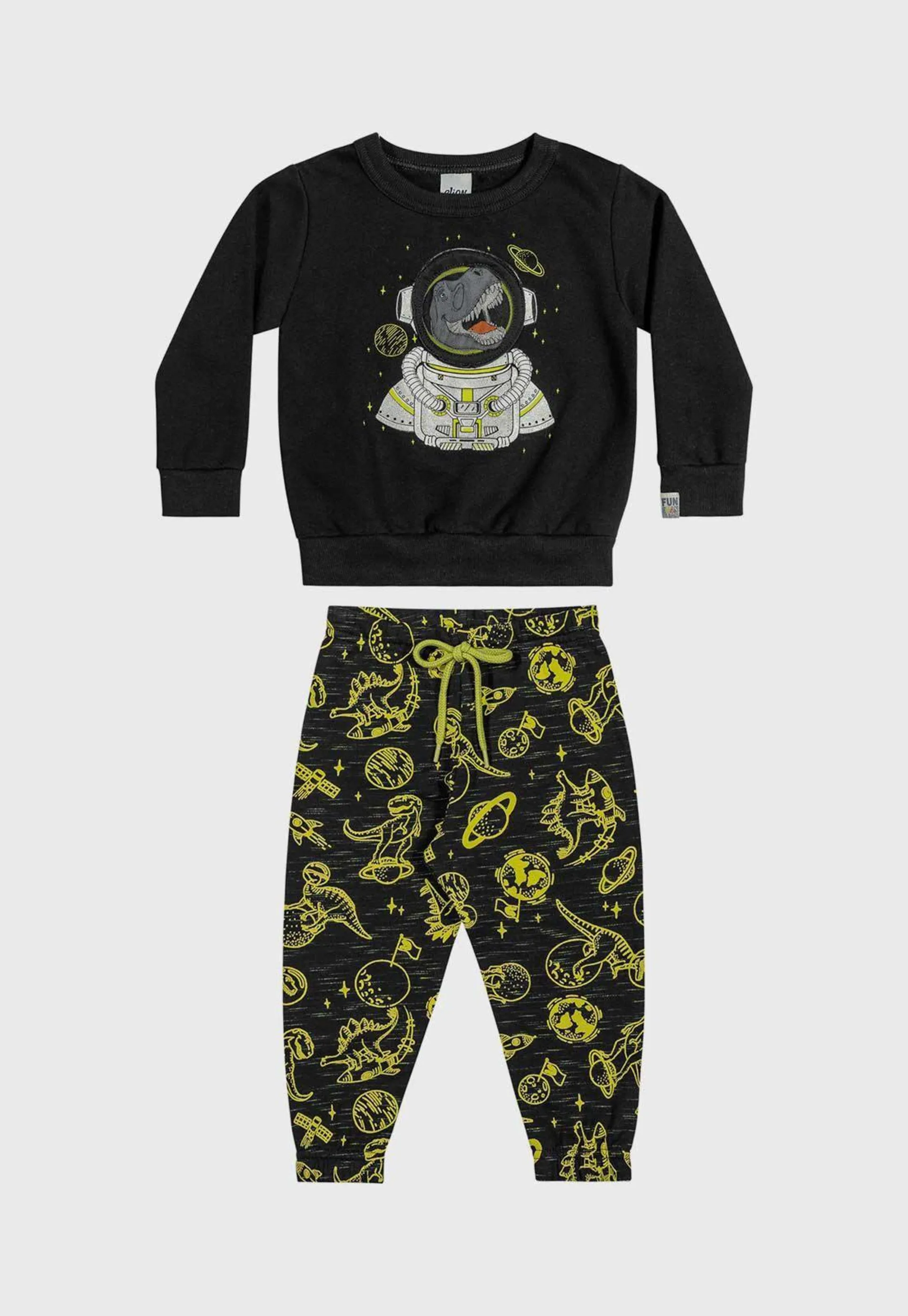 Conjunto 2pçs Manga Longa Infantil Elian Dinossauro Preto