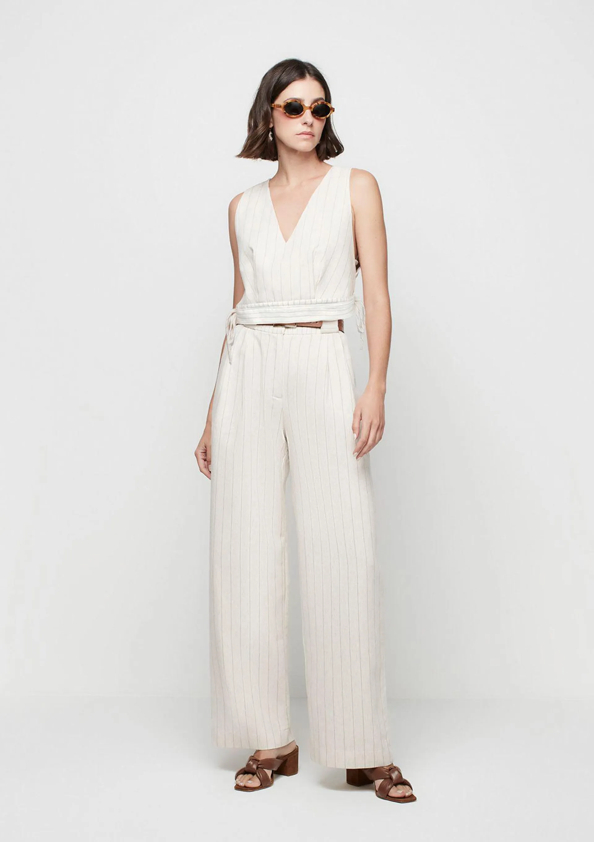 Calça Reta Cintura Alta Com Linho - Off White