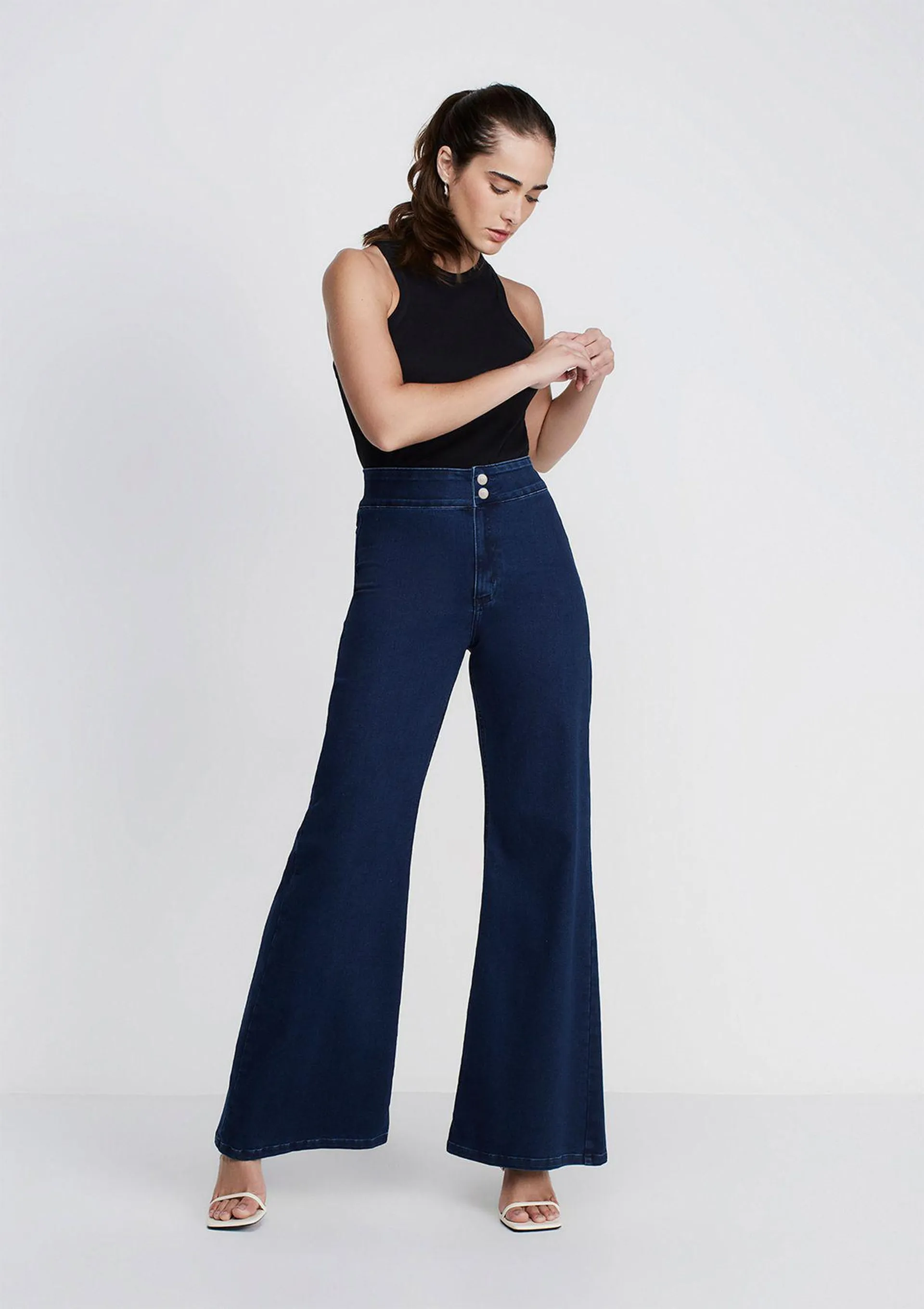 Calça Jeans Pantalona Jegging Cintura Super Alta - Azul
