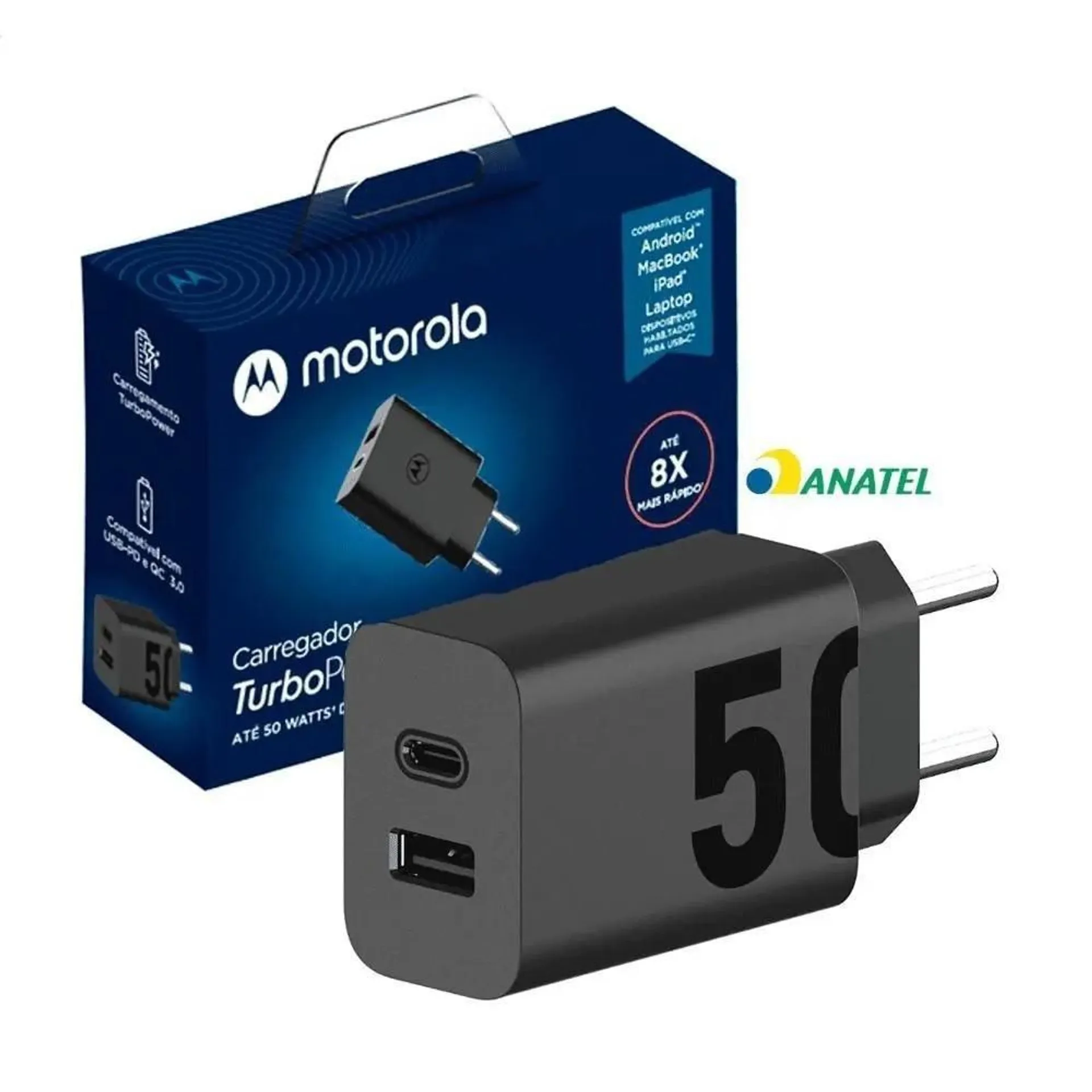 Carregador Tomada Turbo Duo 50W USB+USB-C Sem Cabo, MOTOROLA