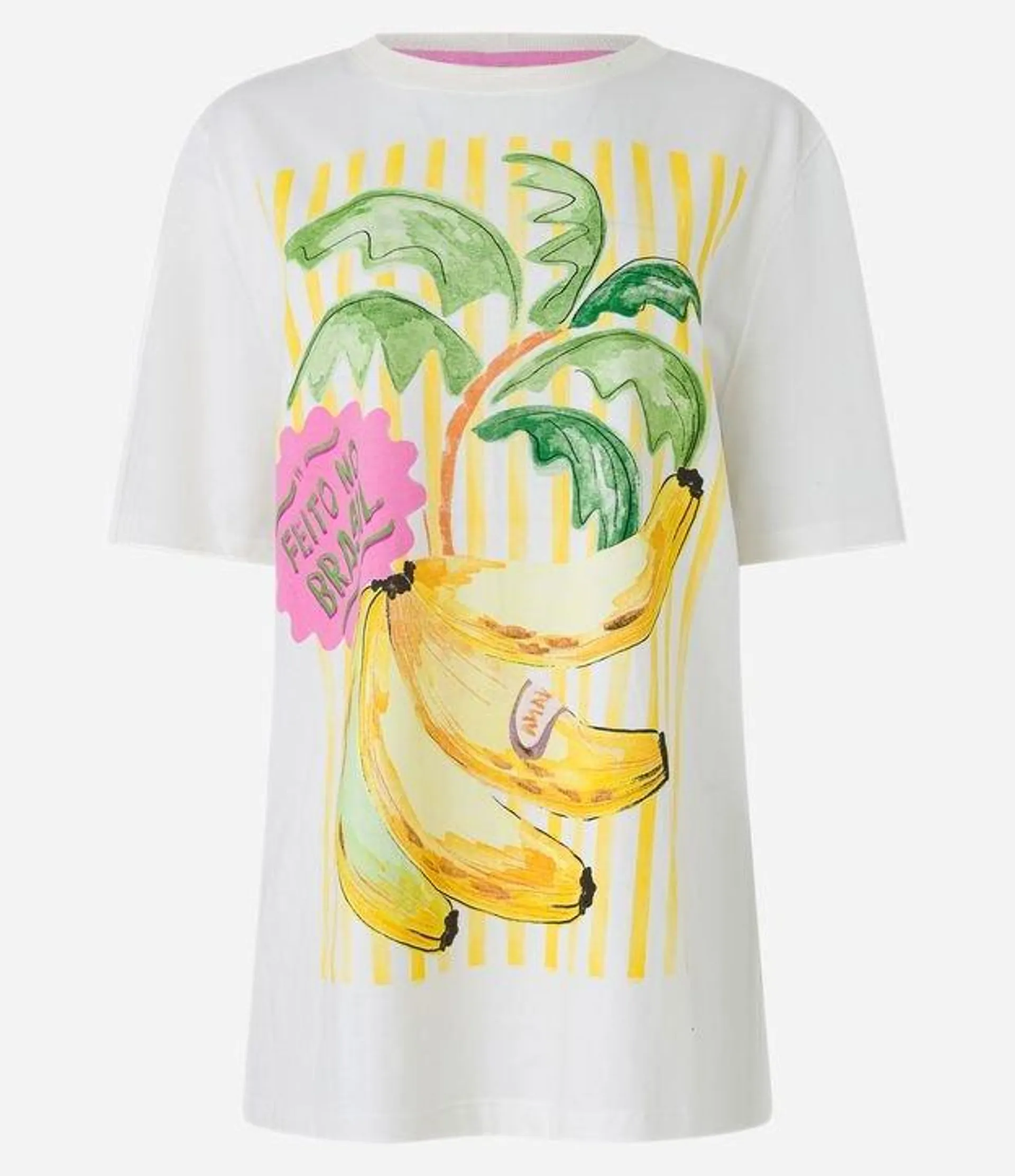 Camiseta Alongada em Algodão Estampa Banana e Coqueiro Off White