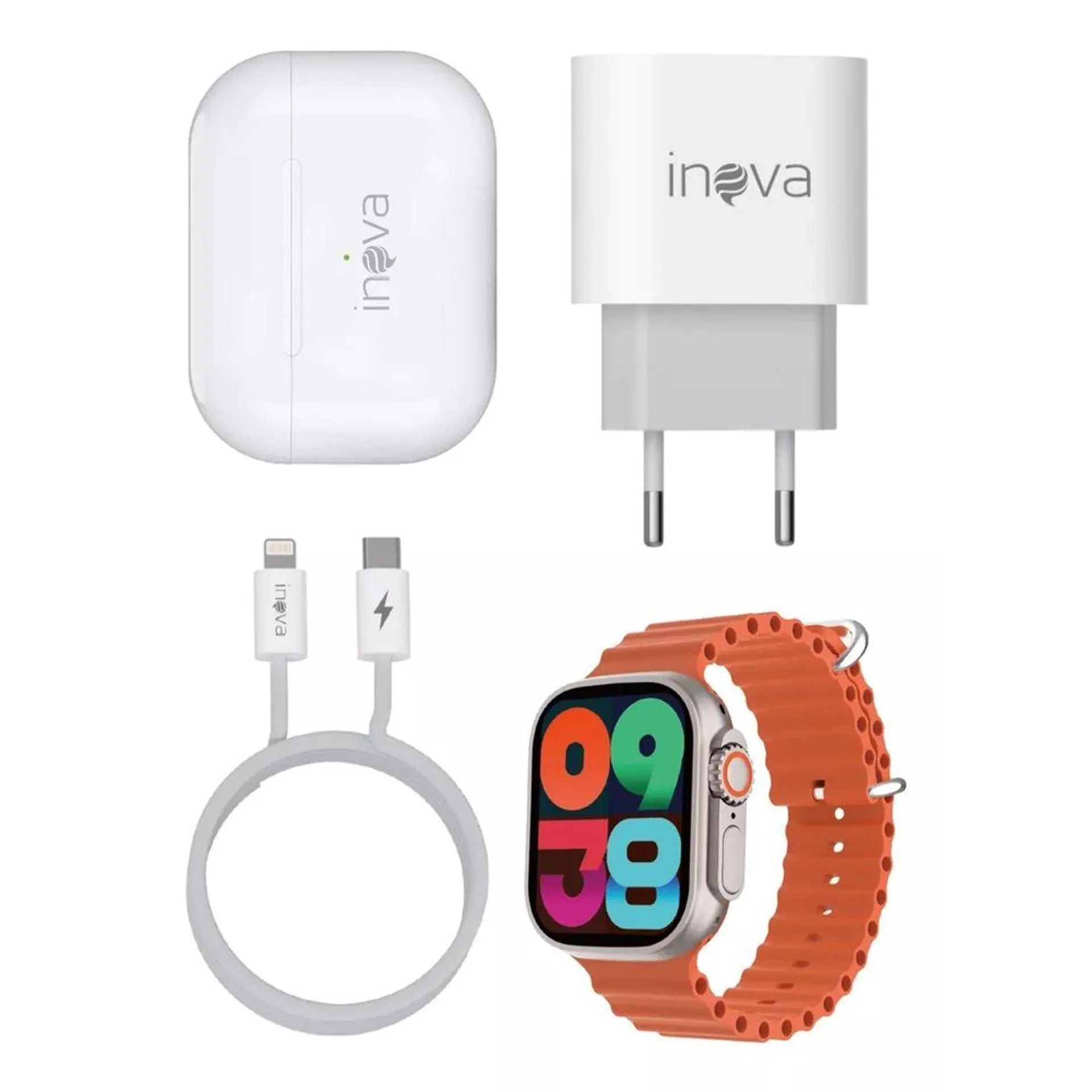 Kit Smartwatch Inova Com Pulseira Respirável Laranja Fone E Carregador (MP)