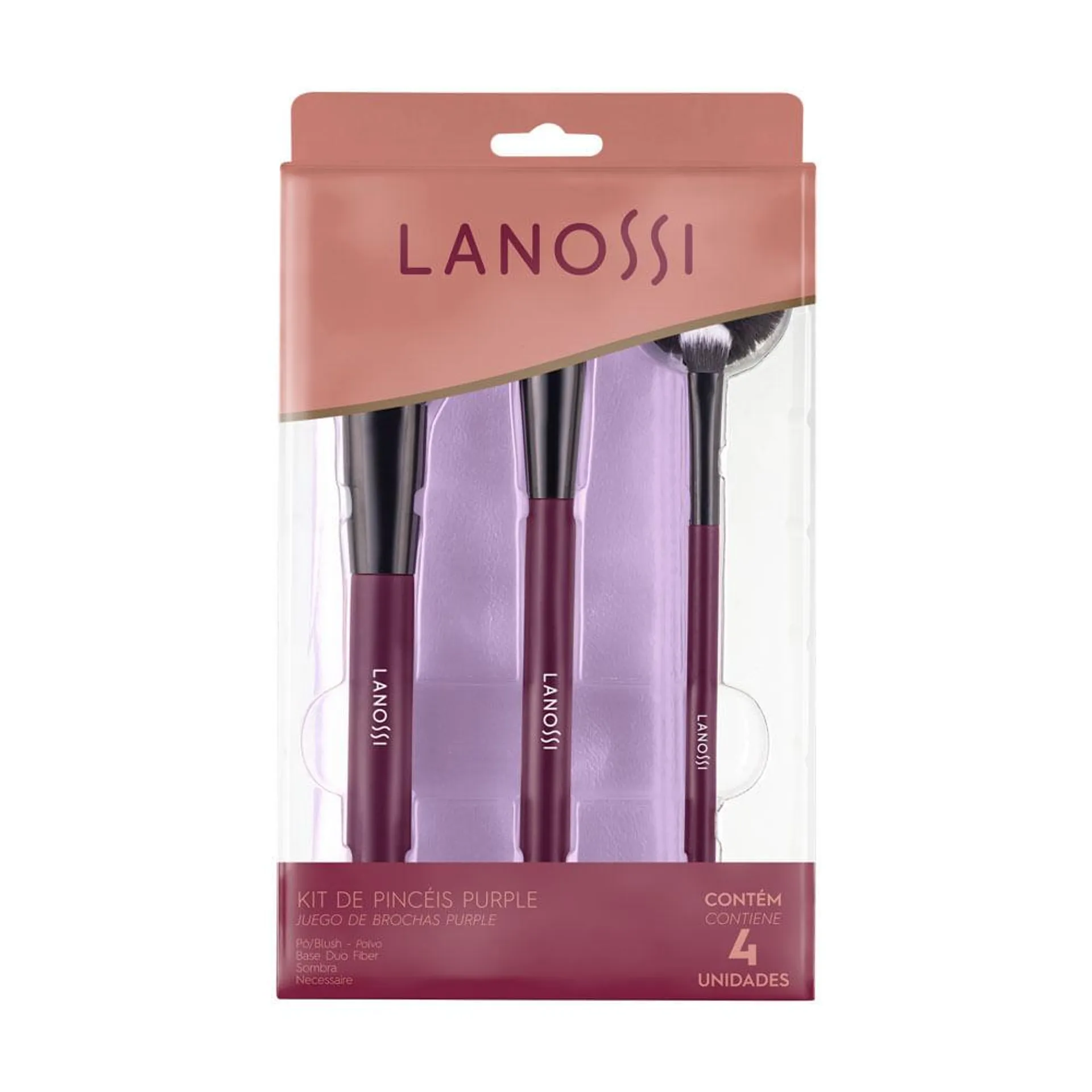 Kit Pincéis Para Maquiagem Com Necessaire Madeira E Aço Purple 3 Peças LS3045 - Lanossi