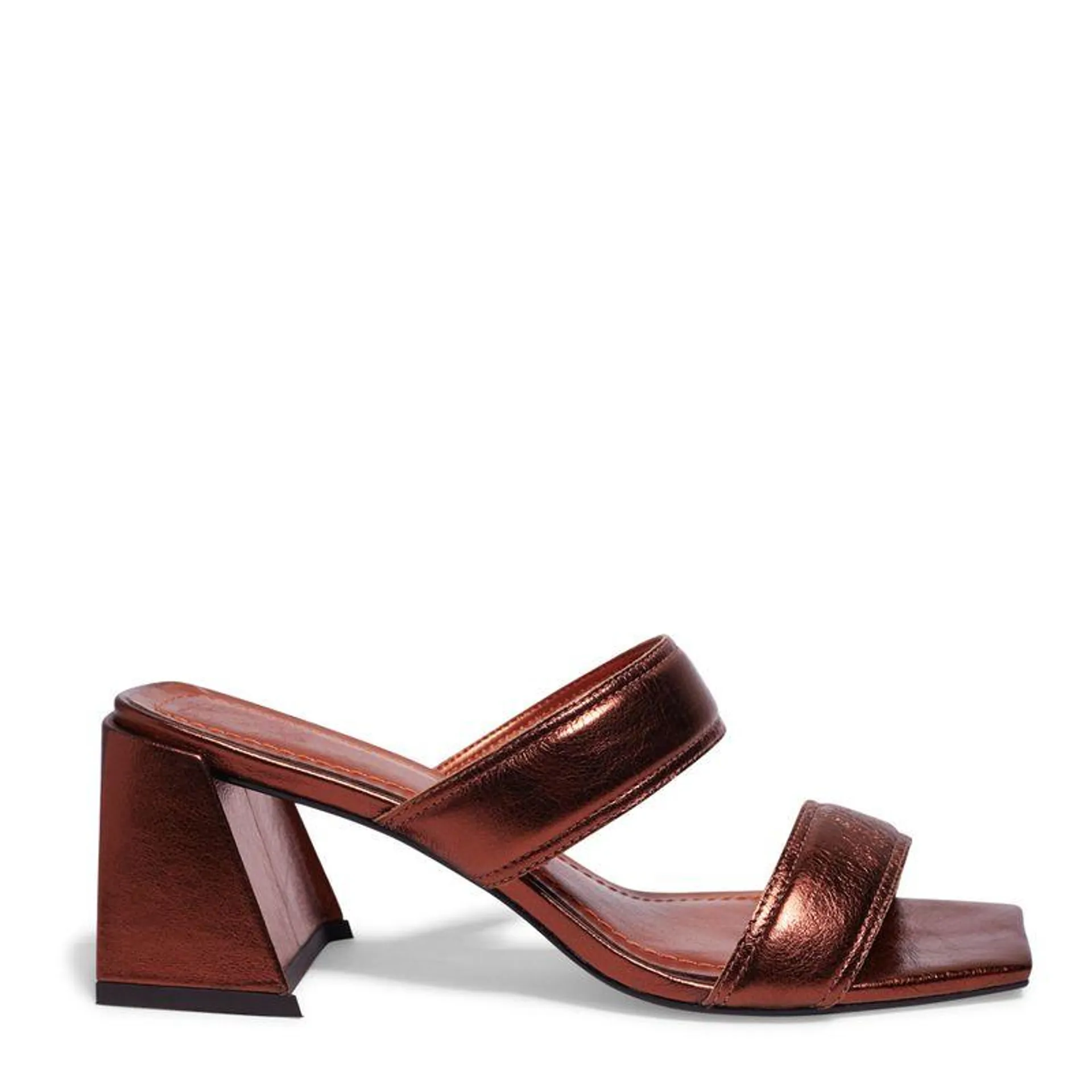 Mule Couro Metalizado Bronze Borgonha Salto Bloco