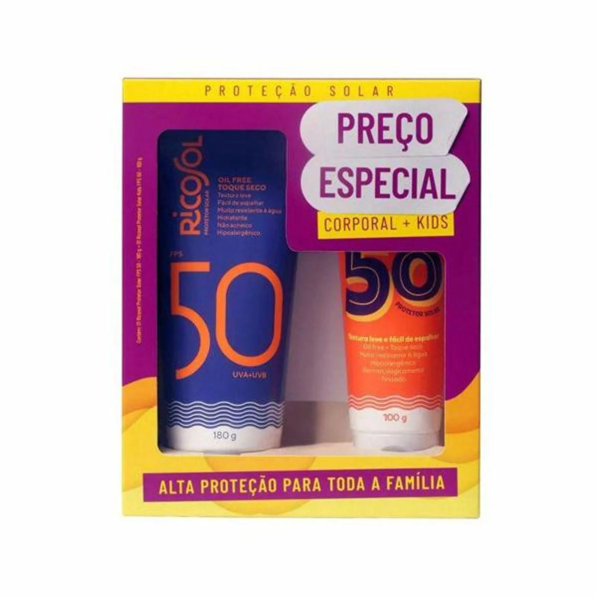 Kit Protetor Solar Ricosol FPS50 180g + Protetor Solar Kids FPS50 100g