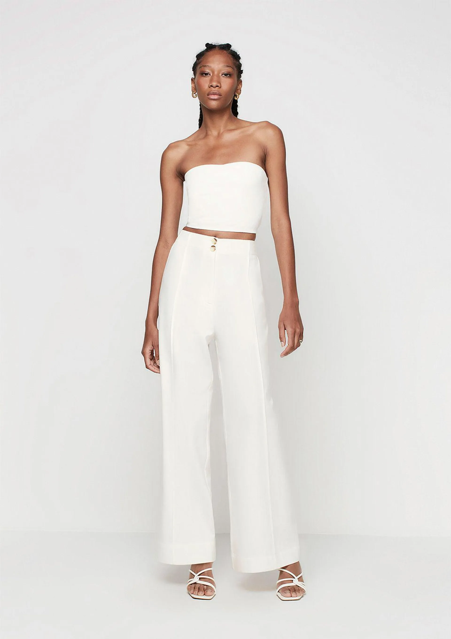 Calça Pantalona Cintura Alta Com Linho - Off White