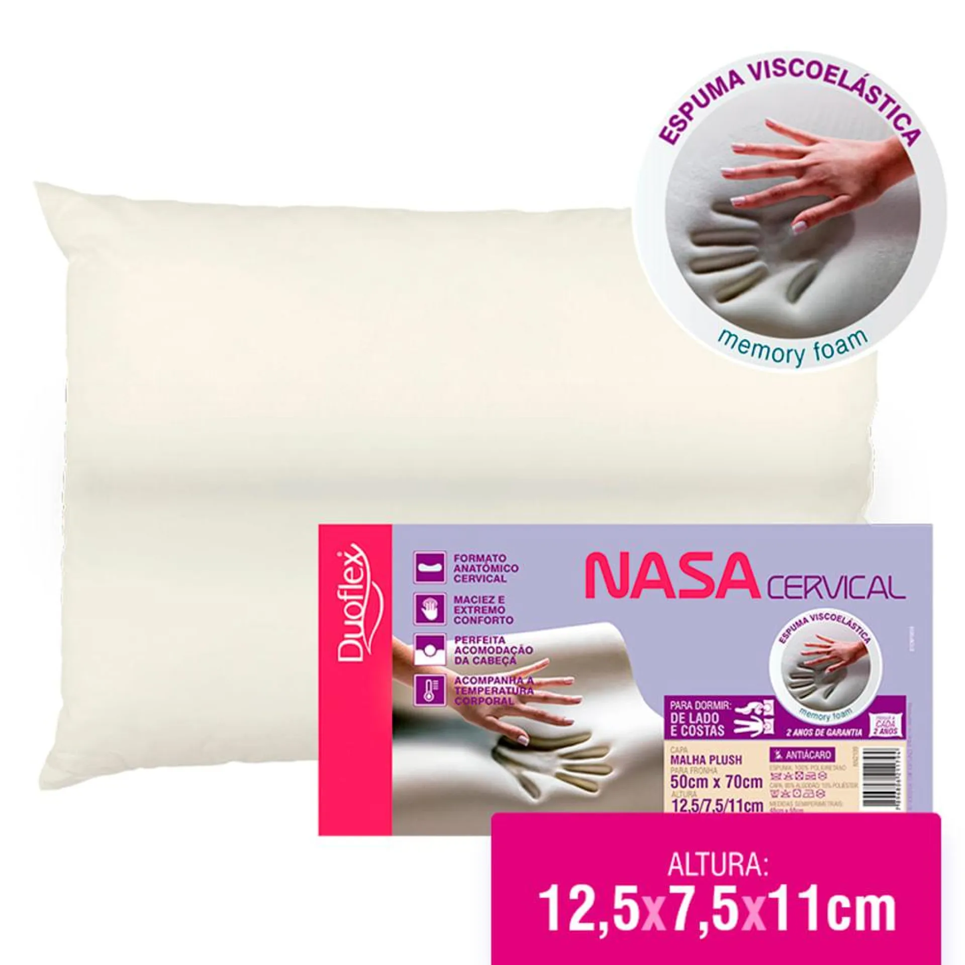 Travesseiro Viscoelástivo Nasa Bege 50x70cm Cervical 12,5x7,5x11cm NN2109 - Duoflex