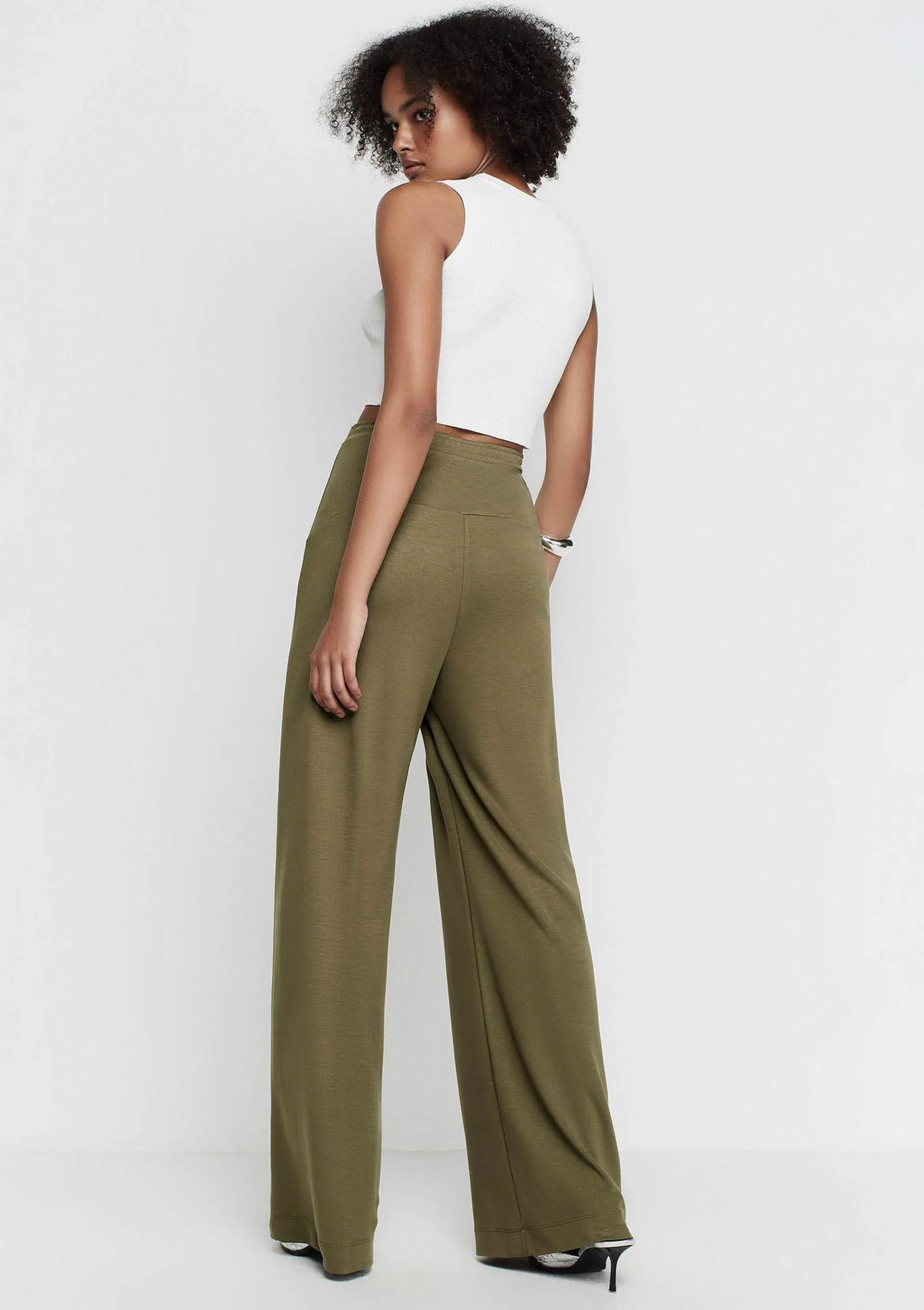 Calça Pantalona Cintura Alta Em Malha - Verde